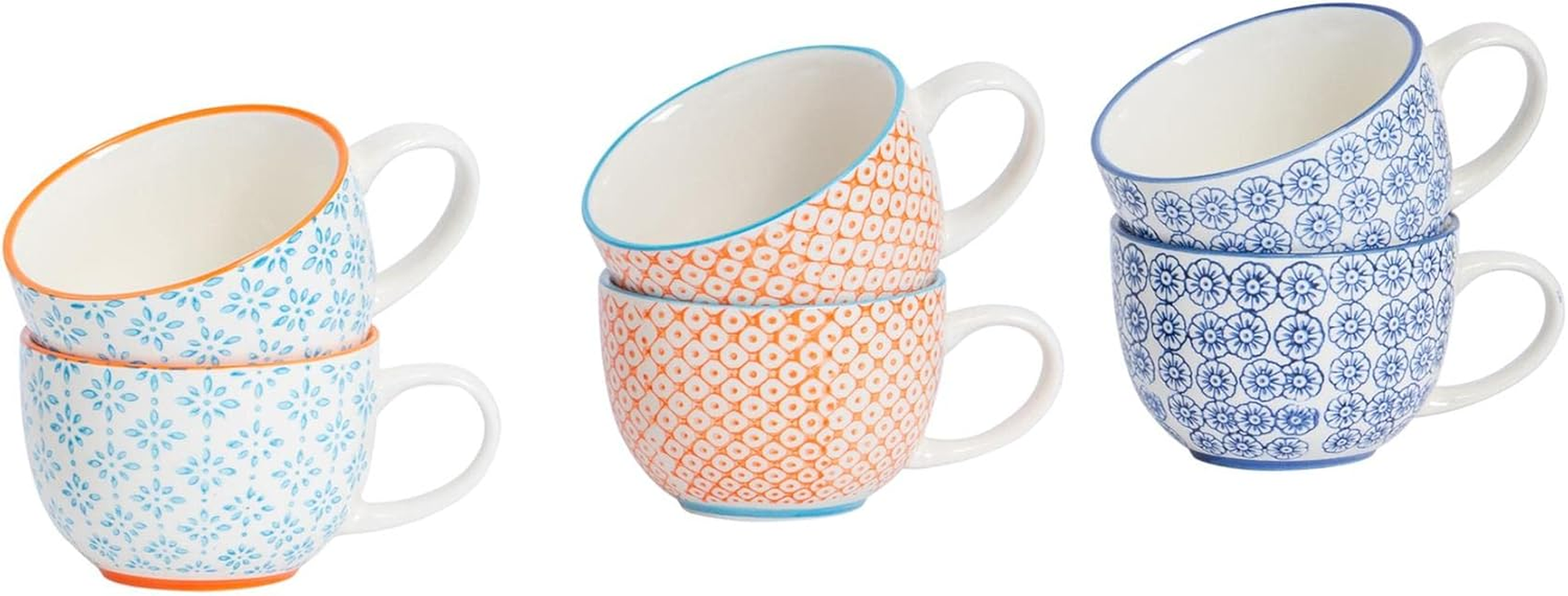 Nicola Spring Cappuccino Cups Set - 250Ml - Pack of 6-3 Coloured Hand Printed Tea Cup Coffee Cappuccino Mugs Latte Drinking Mug Tea Saucer Plates for Breakfast, Lunch, Brunch image number 5