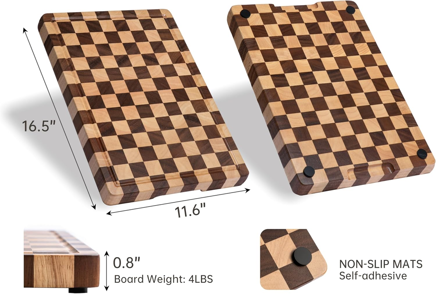 THETCHRY Cutting Boards for Kitchen, Design in USA Large Acacia Wood Chopping Board, Checkered Cutting Board with Juice Grooves & Handles, Butcher Block Serving Tray with Gift Box 16.5" X 11.6" X 0.8" image number 6