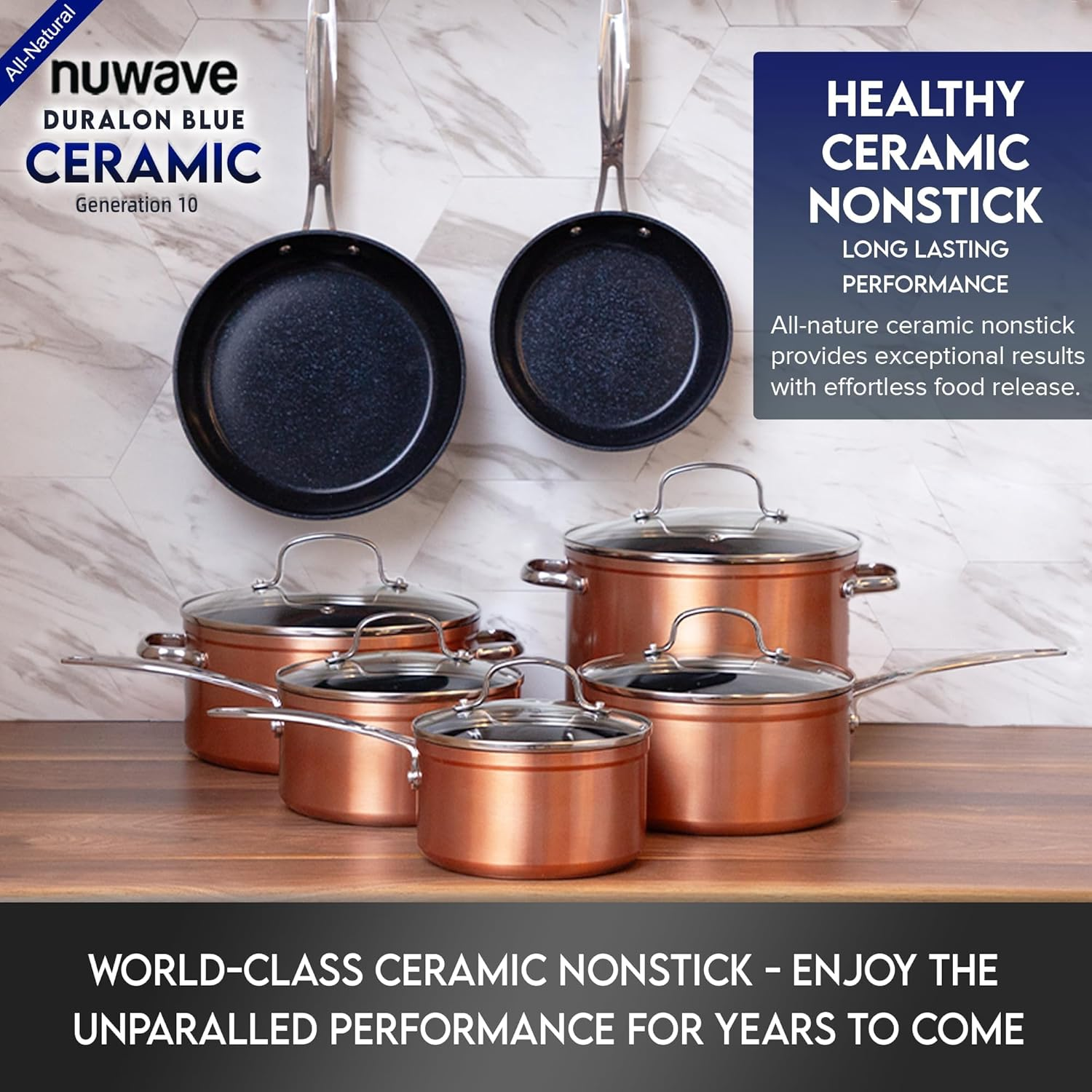 Nuwave Healthy Duralon Blue Ceramic Nonstick Cookware Set, Diamond Infused Scratch-Resistant, PFAS Free, Dishwasher & Oven Safe, Induction Ready & Evenly Heats,Tempered Glass Lids & Stay-Cool Handles image number 6