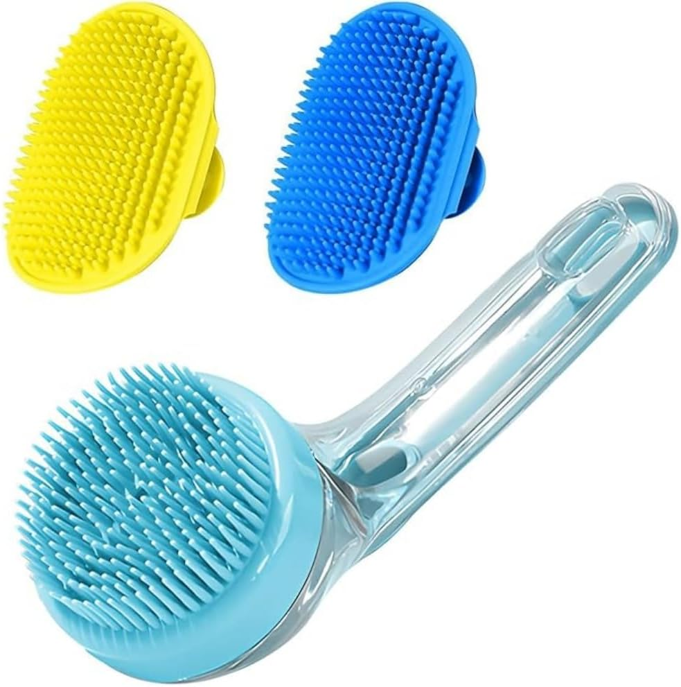 FACAING 3Pcs Dog Bath Brush,Pet Bath Brush with Soap and Shampoo Dispenser,Dog Scrubber for Bathing,Rubber Shower Comb with Adjustable Ring Handle (Blue) image number 2