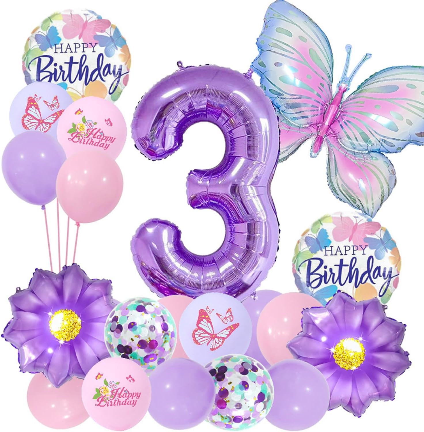 Butterfly Daisy Number Balloons 3Nd Happy Birthday Party Decorations Purple Butterfly Foil Mylar Latex Balloon Set 32Inch Digital Daisy Sequin Birthday Party Decoration Number 3