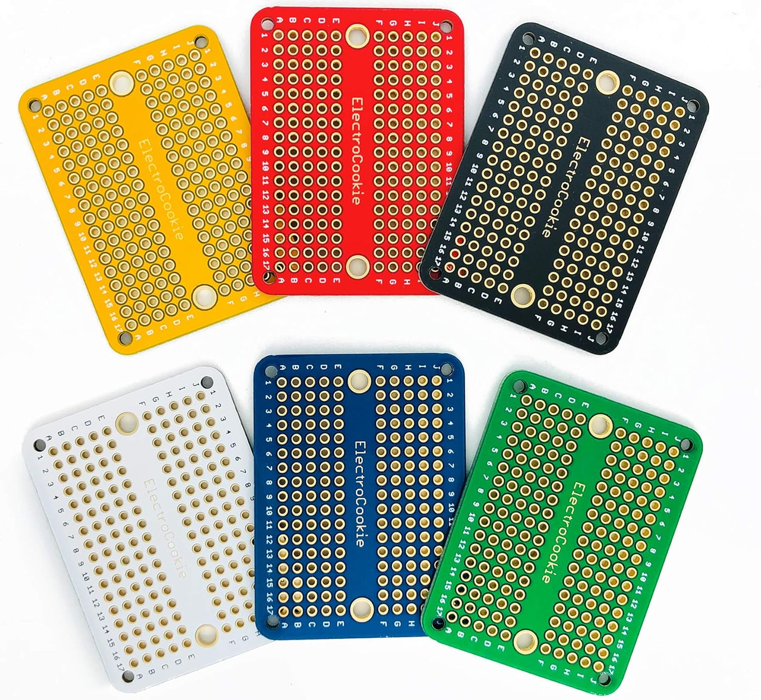 Electrocookie Mini PCB Prototype Board Solderable Breadboard for DIY Electronics, Compatible for Mini Arduino Soldering Projects, Gold-Plated (6 Pack, Multicolor) image number 1