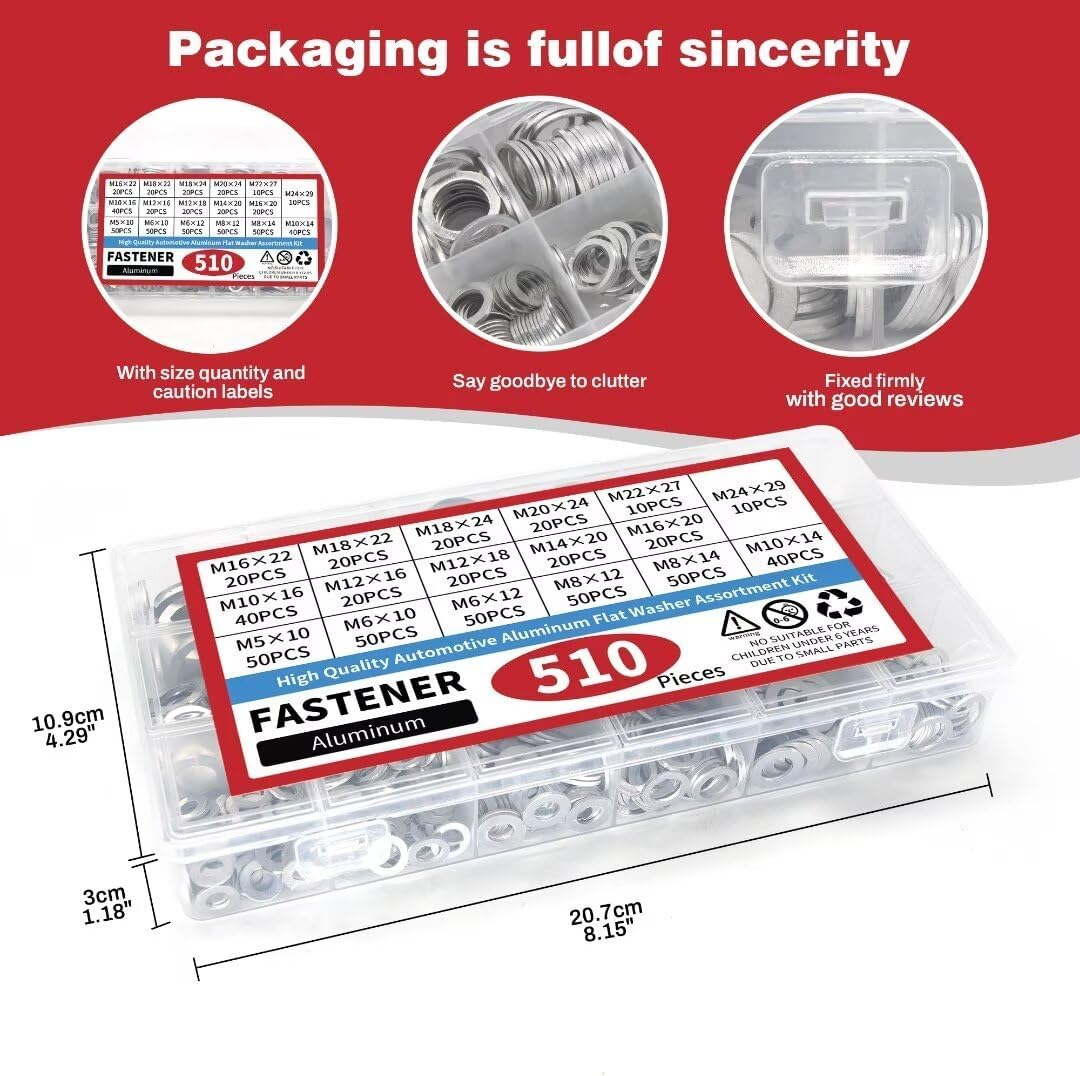 510Pcs Aluminium Sump Plug Washer Kit - Assorted Crush Washers with Key Sizes M12/M14/M16/M20 + Full Range M5-M24, Metric Oil Drain Plug Gasket Set for Automotive Maintenance