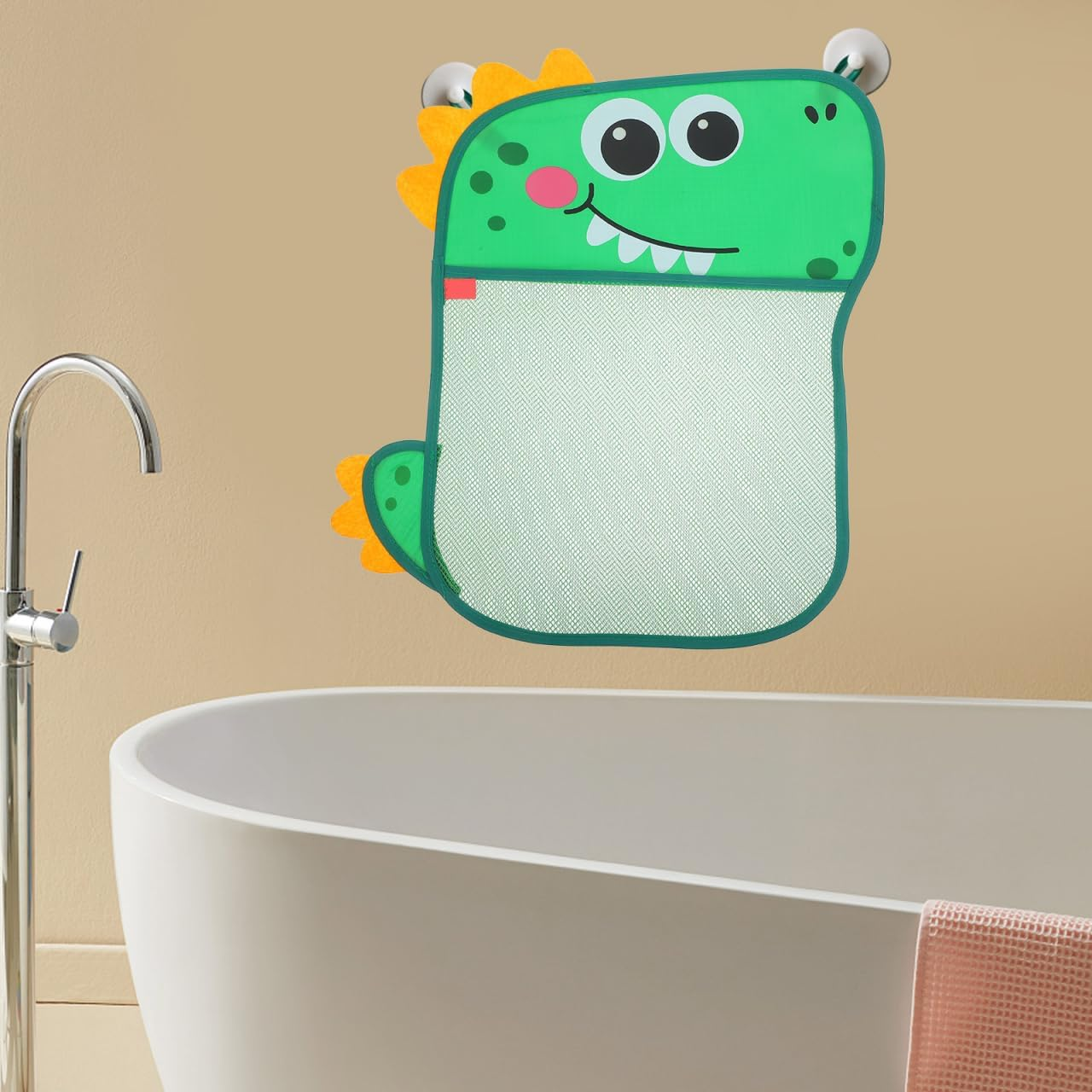 Dinosaur Suction Cup Storage Bag - Creative Green Breathable Mesh Toy Organizer with Hanging Hook for Kids Bathroom and Home Use