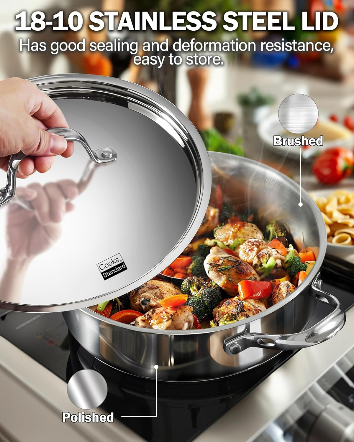 Cooks Standard Classic Stainless Steel Saute Pan 11-Inch, 5 Quart Induction Cookware Deep Frying Pan Cooking Skillet with Lid, Stay-Cool Handle image number 2
