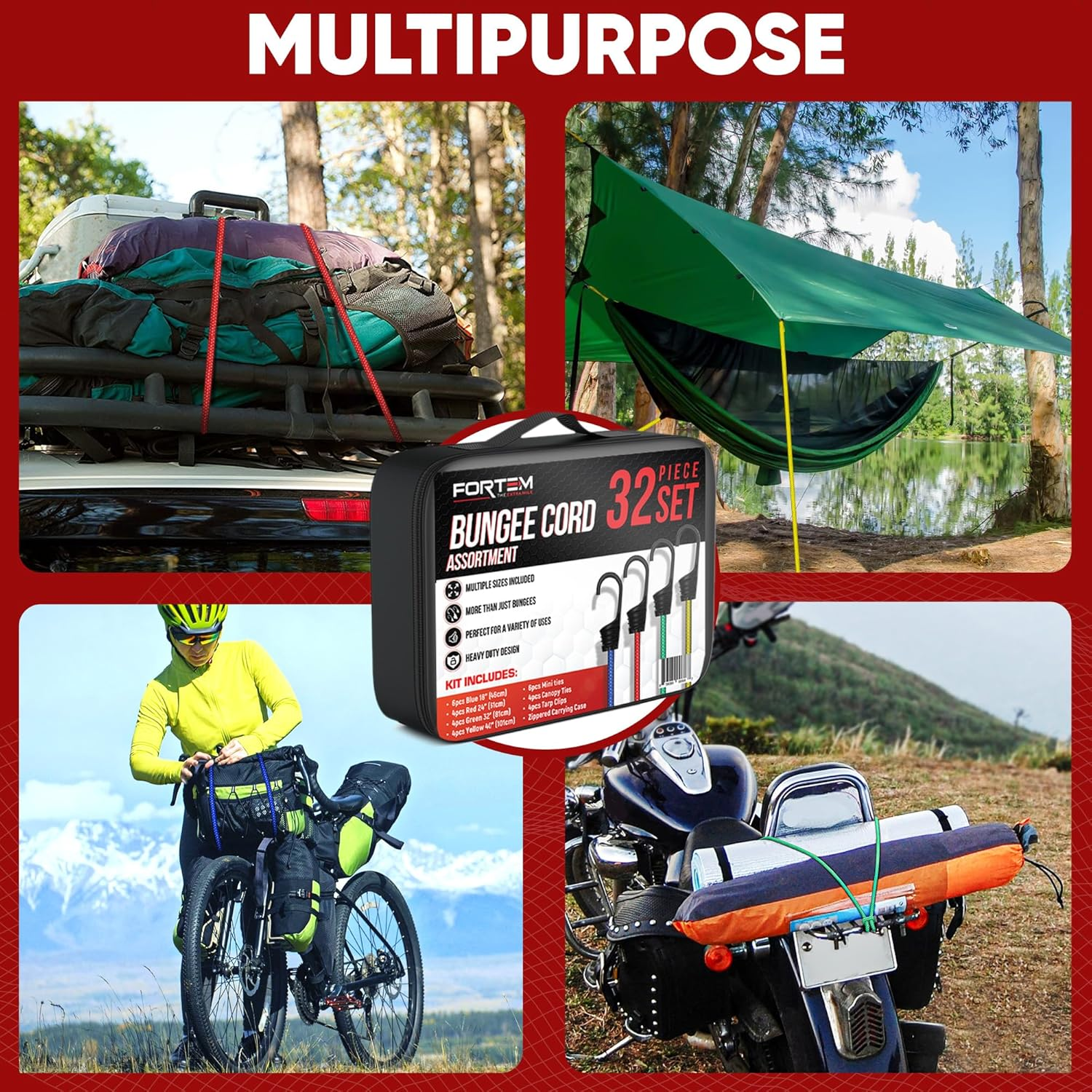 FORTEM Bungee Cord Assortment, 32Pk Bungee Cords Multi Pack, Includes 10", 18", 24", 32", 40" Bungees and 8" Canopy/Tarp Ball Ties, Plastic Coated Metal Hooks image number 2