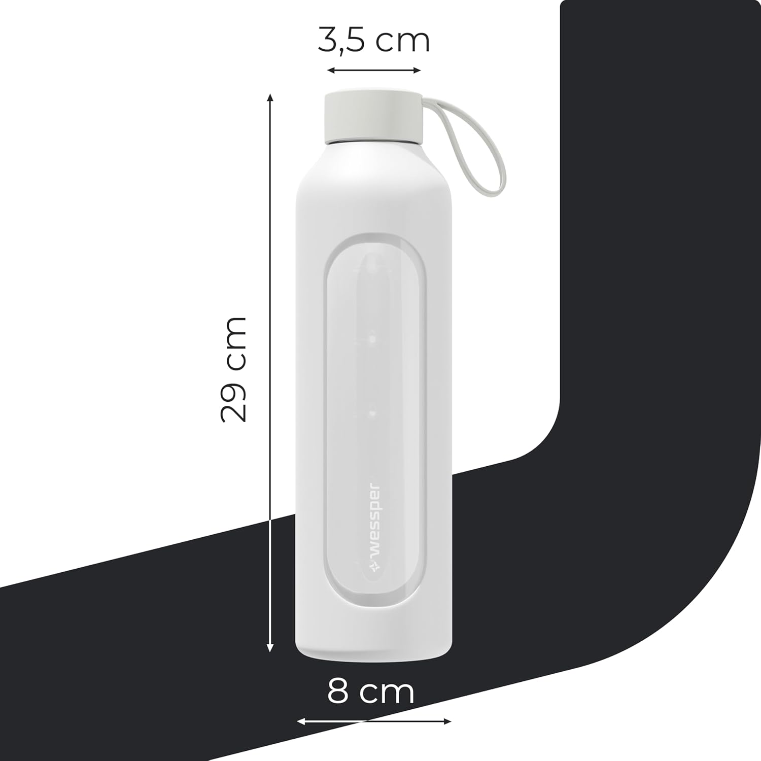 Wessper Glass Drinking Bottle, 1 Litre with Time Markings, Bpa-Free Drinking Motivation, Borosilicate Water Bottle, Airtight Glass Bottle with Bamboo Lid, Reusable, with Silicone Case, White - Gray image number 2