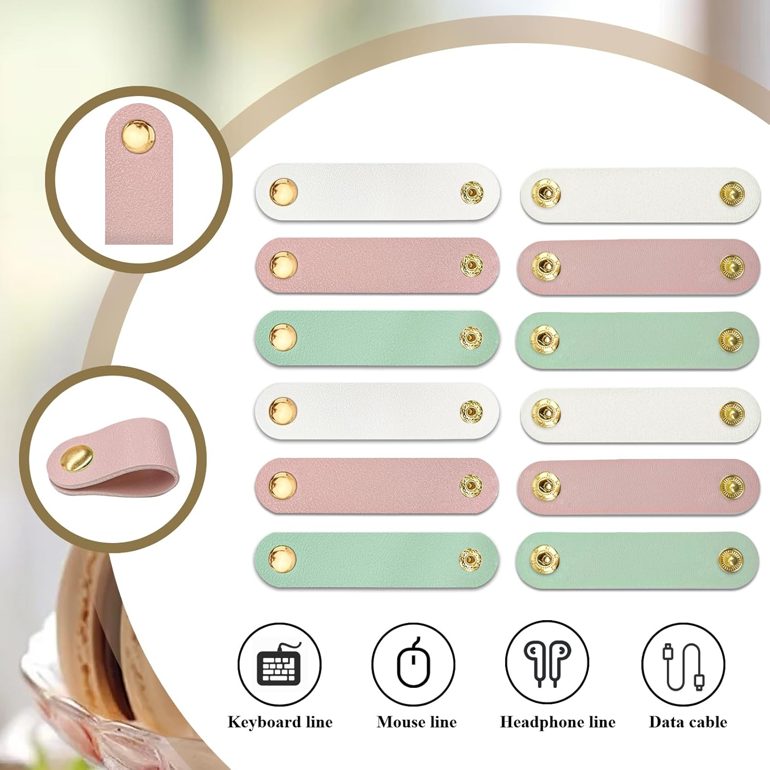 15 PCS Leather Cord Organizer, Reusable Cord Holder, Phone and Headphone Cord Organizer, Cord Holder for Travel Organizer USB Holder Cord Holder Snap Closure (Colorful) image number 5