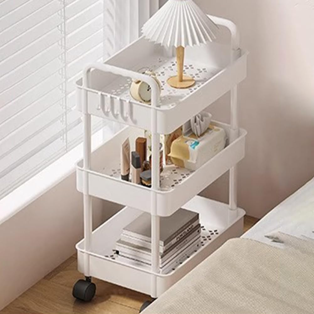3-Tier Rolling Utility Cart with Lockable Wheels, White Multi-Purpose Storage Organizer with Handle Anf Easy Assembly, for Kitchen, Office, Nursery, Living Room, White image number 6