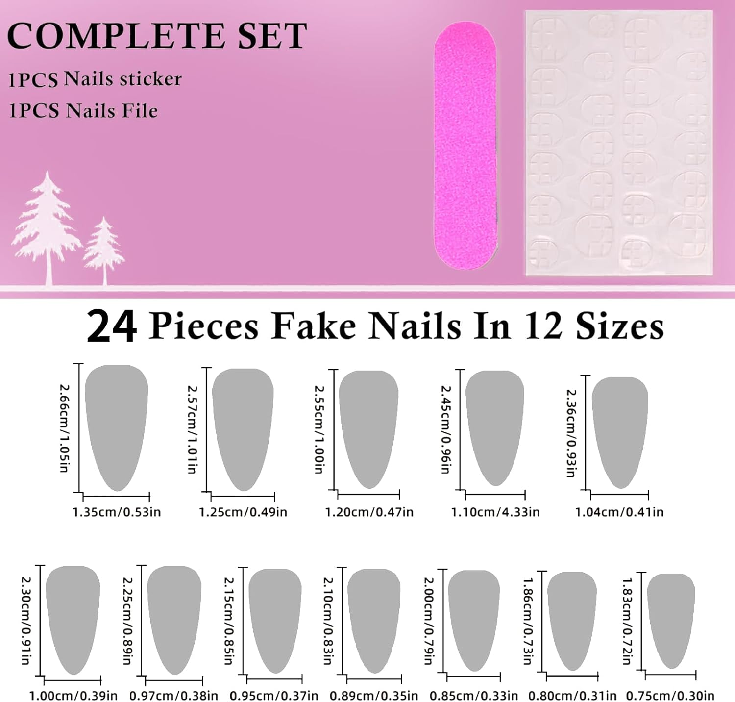 Qioon 24 Pcs Medium Almond Press-On Nails, French Gradient Light Purple Fake Nails with Rhinestones, Stick-On False Fingernails with Adhesive Tabs for Women and Girls image number 3
