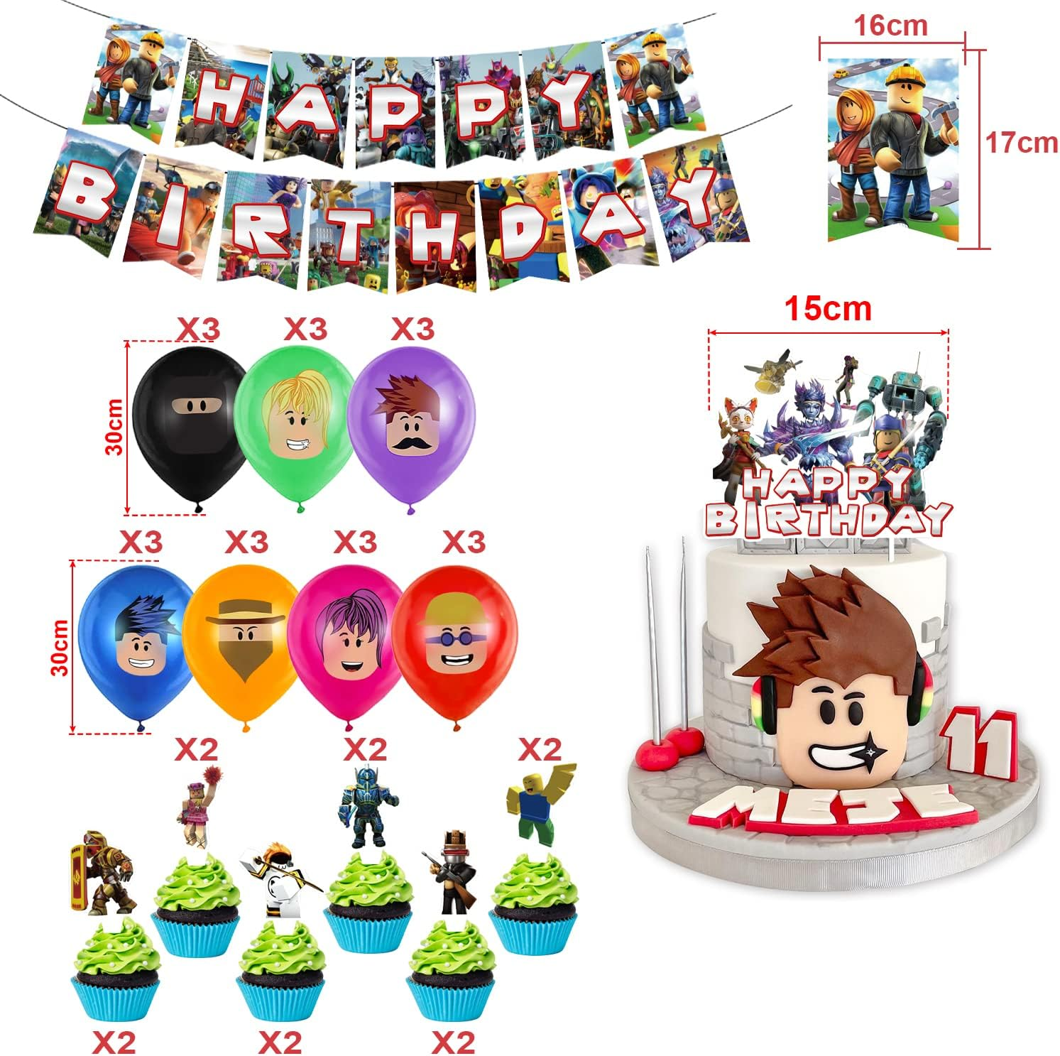 Roblox Balloons & Cupcake Toppers - 35 Piece Birthday Party Pack with Banner & Cake Decorations image number 1