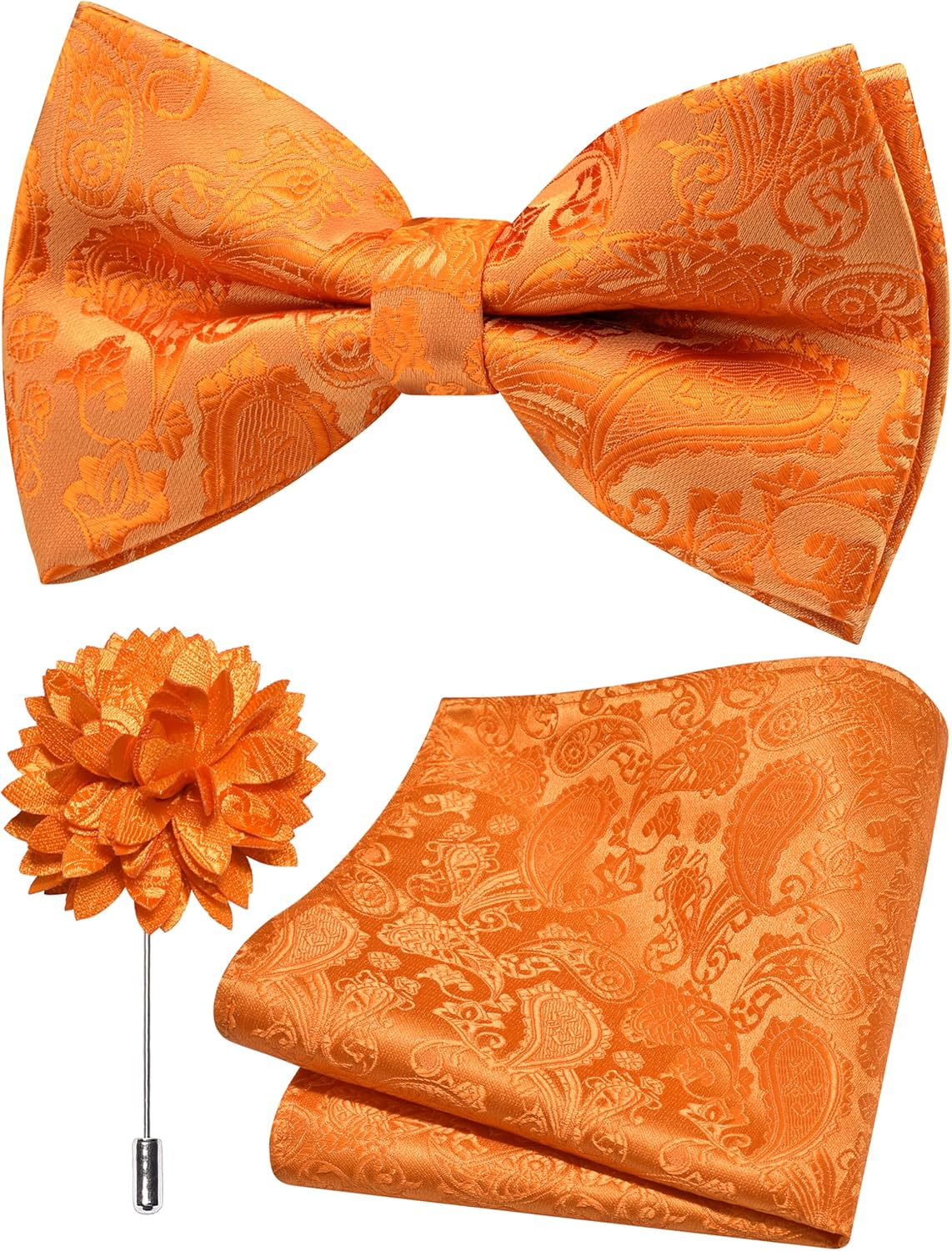 Branduce Paisley Pre-Tied Bow Tie and Pocket Square Lapel Pin Set for Men - Black Gold image number 2