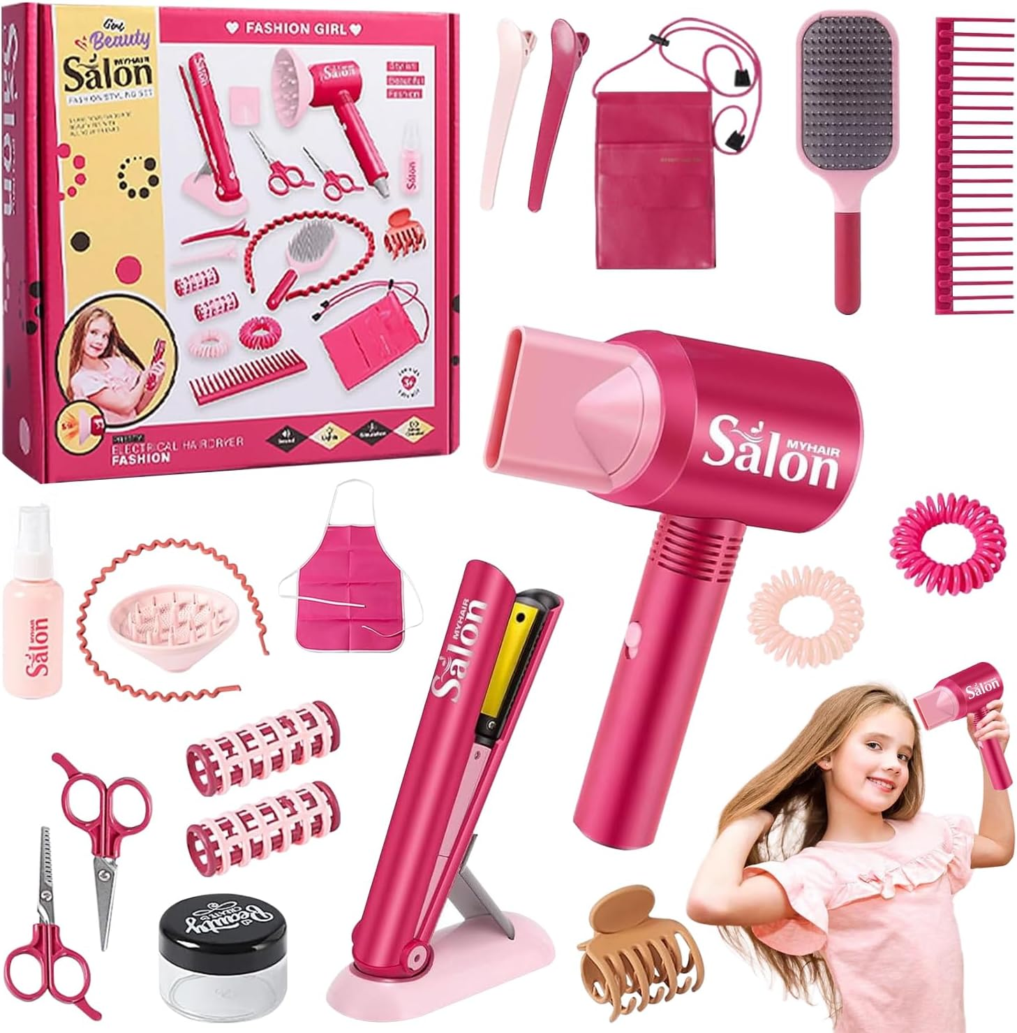 22Pcs Girls Hair Salon Toys, Kids Beauty Salon Set with Pretend Play, Pretend Play Hair Salon Stylist Toy Kit with Barber Apron, Hair Dryer, Mirror, Scissors image number 1