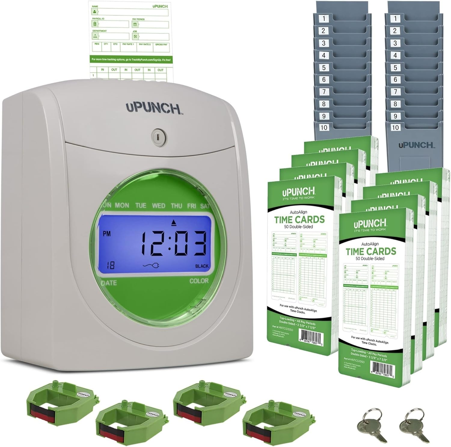Upunch HN3540 Complete Small Business Start-Up Kit: Autoalign Time Clock System with 400 Time Cards, 4 Ribbons, and 2 Racks image number 6