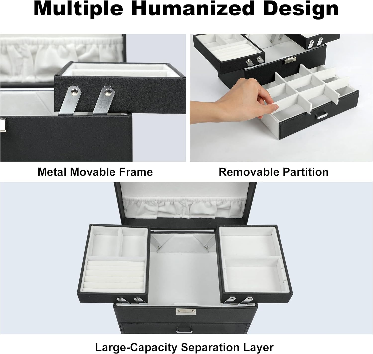 Dajasan Jewelry Boxes for Women Girls, Jewelry Organizer Box, 3 Layers Jewelry Storage Organizer for Earring, Ring, Necklace, Bracelets (Black) image number 2