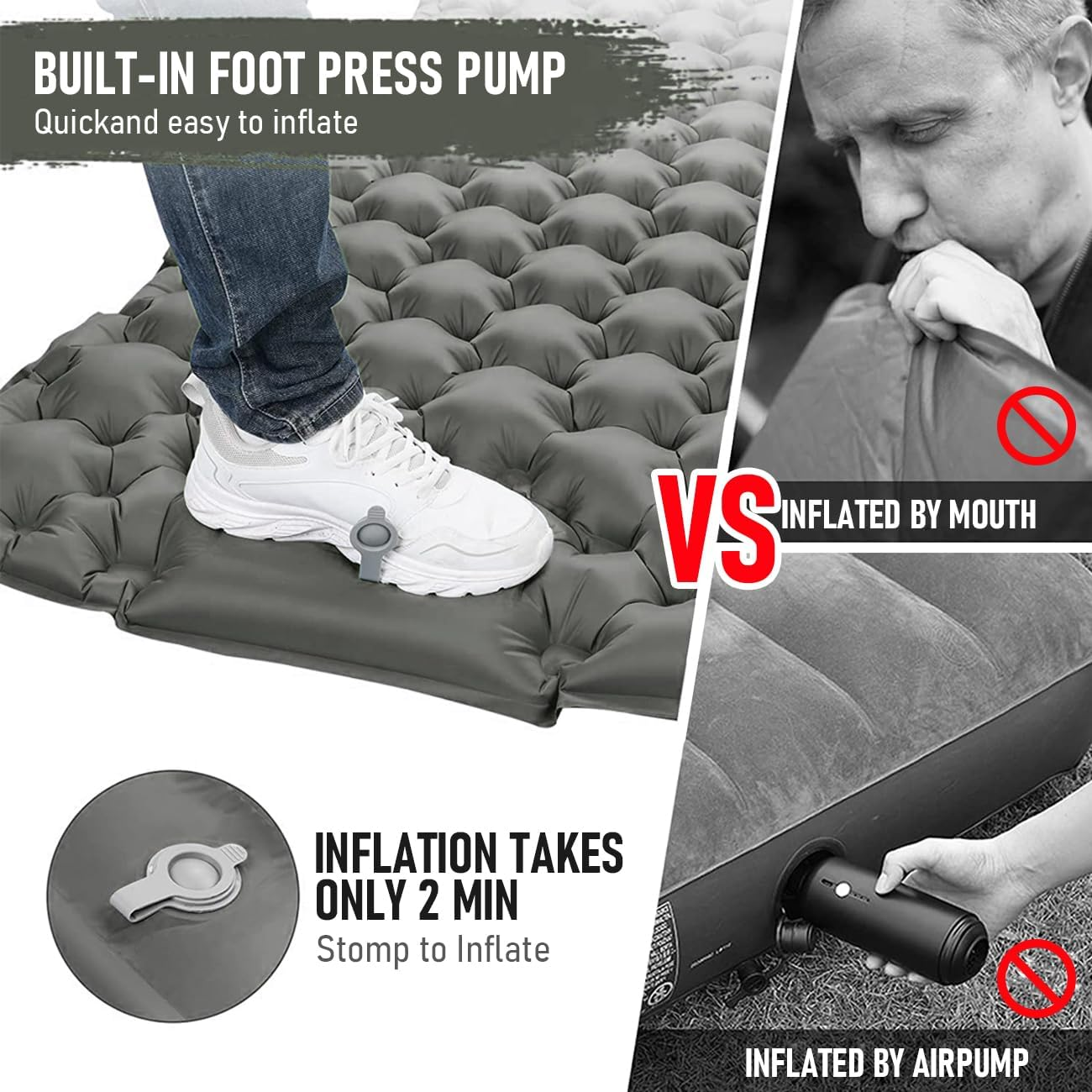 Alpen Double Portable Sleeping Pad Self Inflating Waterproof 2 Person Camping Mattress Inflatable Foot Press Ultralight Mat with Pillow for Backpacking, Hiking, Traveling (Grey)