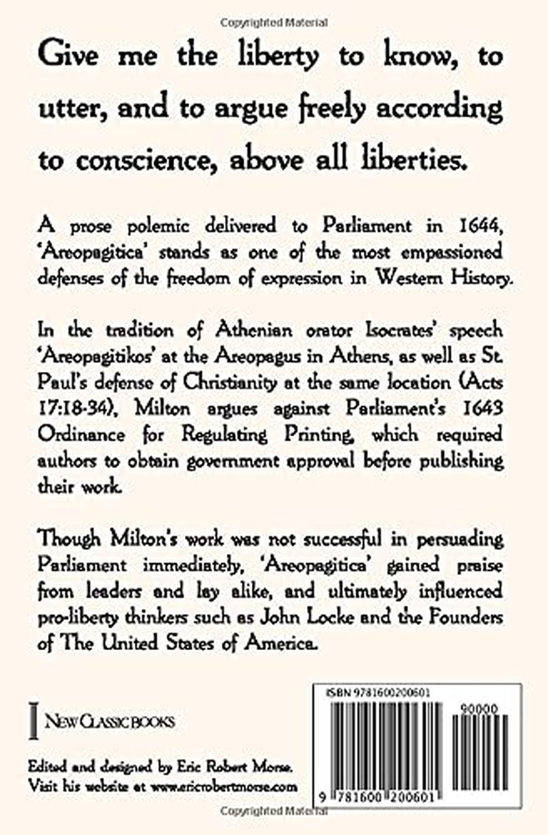 Areopagitica: a Speech of Mr. John Milton for the Liberty of Unlicenc'D Printing, to the Parlament of England image number 1