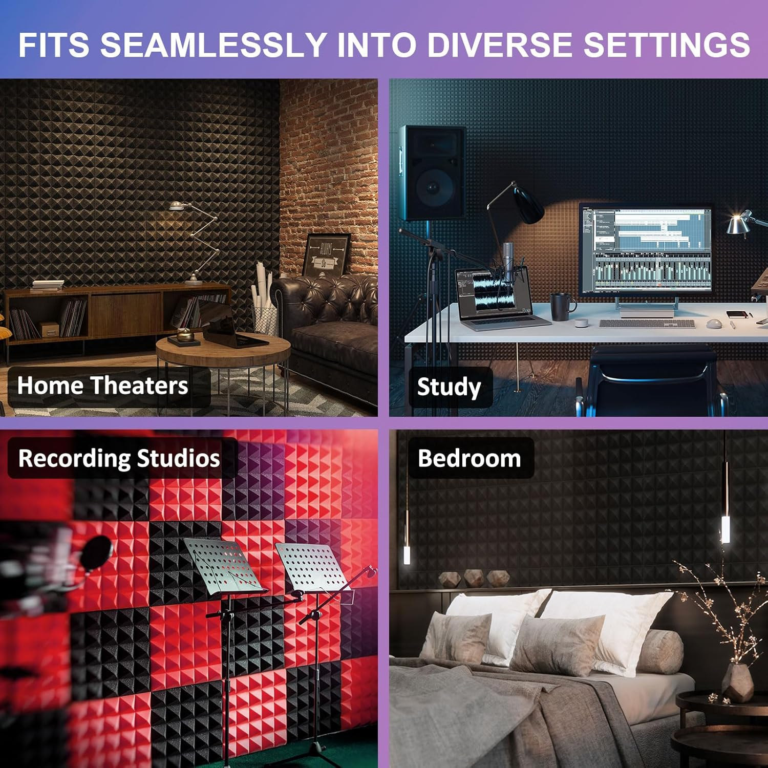 JBER Acoustic Sound Foam Panels, 24 Pack 2" X 12" X 12" Charcoal Soundproofing Treatment Studio Wall Padding Sound Absorbing Fireproof Pyramid image number 7