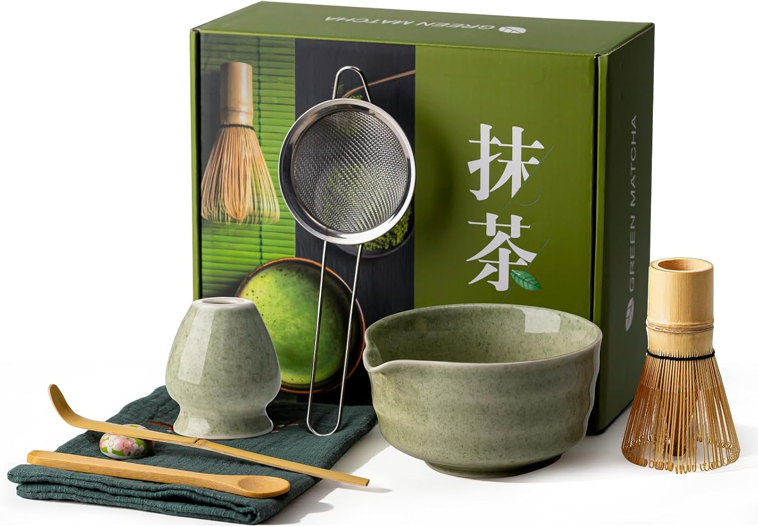 Matcha Whisk Set - 8PCS Kit for Matcha Lover, with Handcrafted Bamboo Whisk Matcha Scoop Matcha Stand Matcha Bowl, Sifter, Tea Cloth (Chakin), Scoop Stand,Wood Spoon image number 1