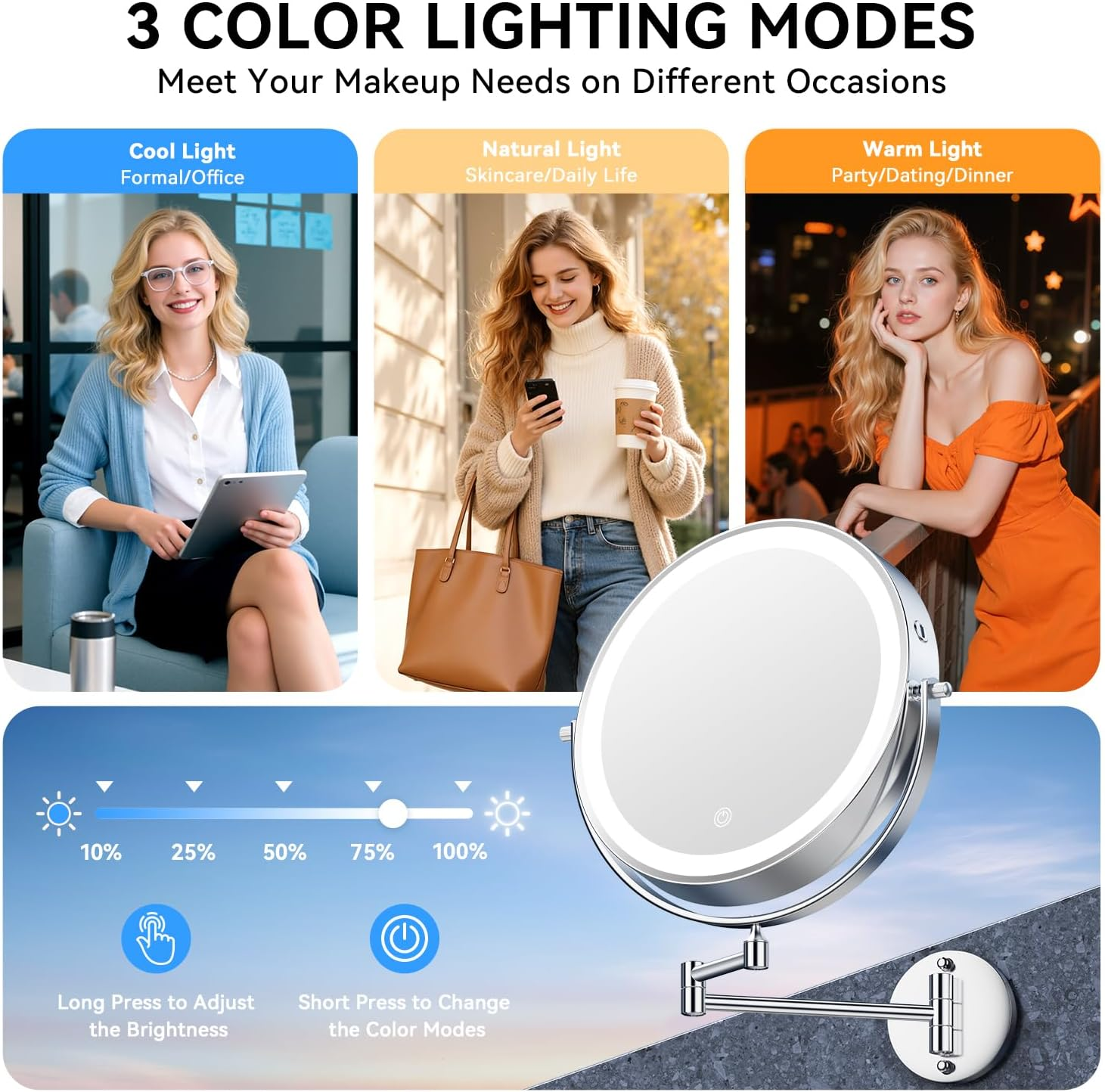 Auxmir Make-Up Mirror with Light, 1X/30X Rechargeable Make-Up Mirror Shaving Mirror Wall Mount, 5000 Mah Double-Sided Magnifying Mirror with 3 Light Colours, Touch Screen image number 3