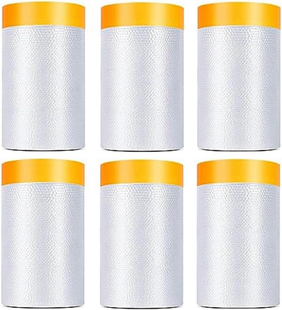 Tuperoymse 6 Pack Tape and Drape, 1.8X62.3 Ft Pre-Taped Masking Film for Auto Painting Covering, Plastic Pre-Adhesive Film Easy Install
