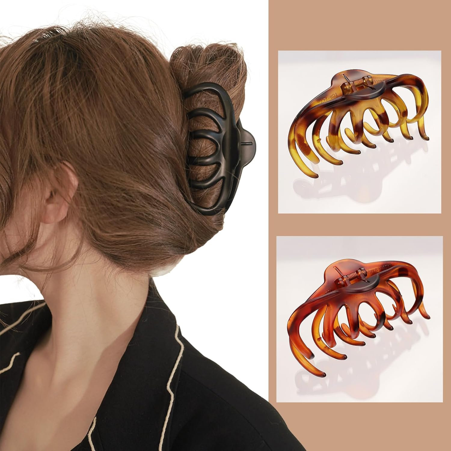 3 PCS Hair Claw Clips Hair Clips for Women Octopus Big Hair Clips Long Curly Thin Thick Hair Strong Hold Matte Jumbo Jaw Clips Hair Accessories for Women Girls Styling | Black & Red/Yellow Tortoise image number 2