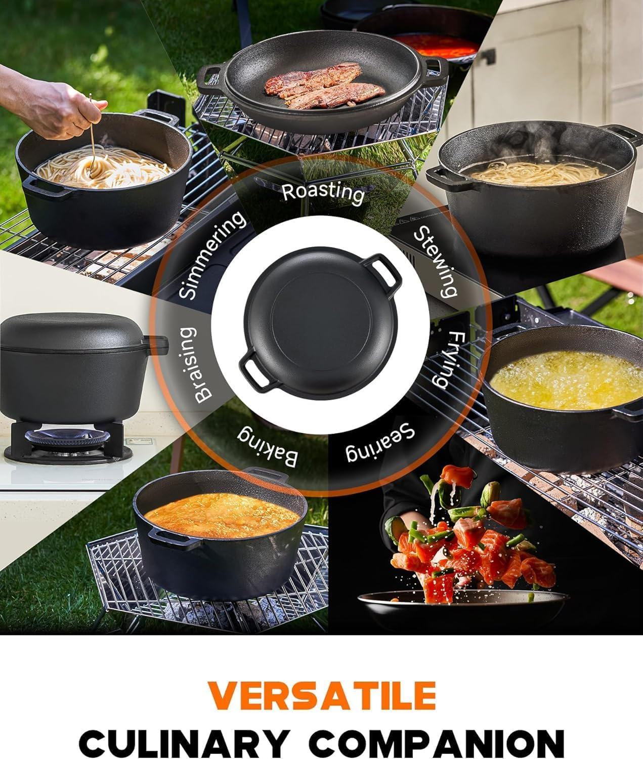 2-In-1 Pre-Seasoned Cast Iron Dutch Oven with Lid, 4.8 Qt Pot & 10.5 in Skillet Cookware Set with Handles & Lid Lifter, Deep Pot for Baking Stewing Roasting, Indoor & Outdoor Use