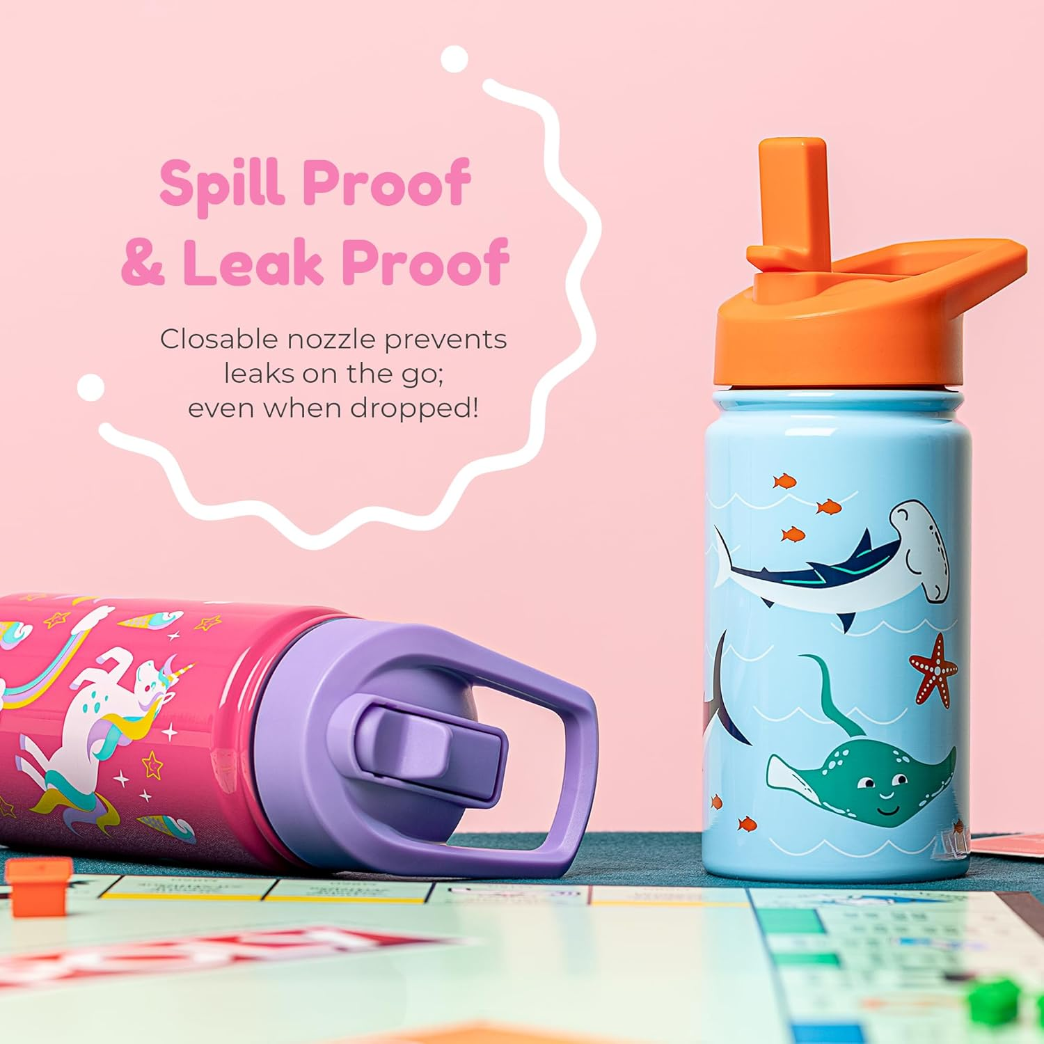 BOZ Kids Insulated Water Bottle with Straw Lid, Stainless Steel Vacuum Double Wall Water Cup, 14 Oz (414Ml). Scratch-Resistant Cute Print and Carry Handle, Bpa-Free and Dishwasher-Safe (Mermaid) - Butterfly image number 3