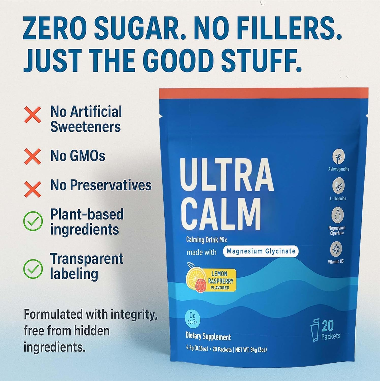 Ultracalm Drink Mix &ndash; Raspberry Lemonade | Magnesium Glycinate + L-Theanine + Ashwagandha | Daily Nutrient Blend | Sugar-Free, Non-Gmo, Gluten-Free | 20 Packets image number 2