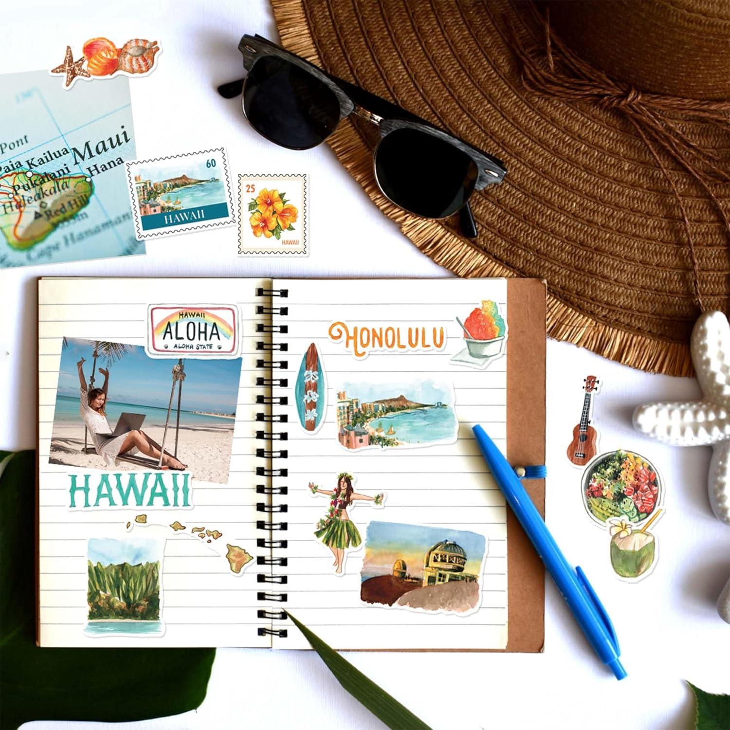 Navy Peony Exotic Hawaii State Travel Stickers (31 Pieces) - Watercolor, Waterproof, America Vacation Stickers for Scrapbooking, Journals, Suitcase image number 2