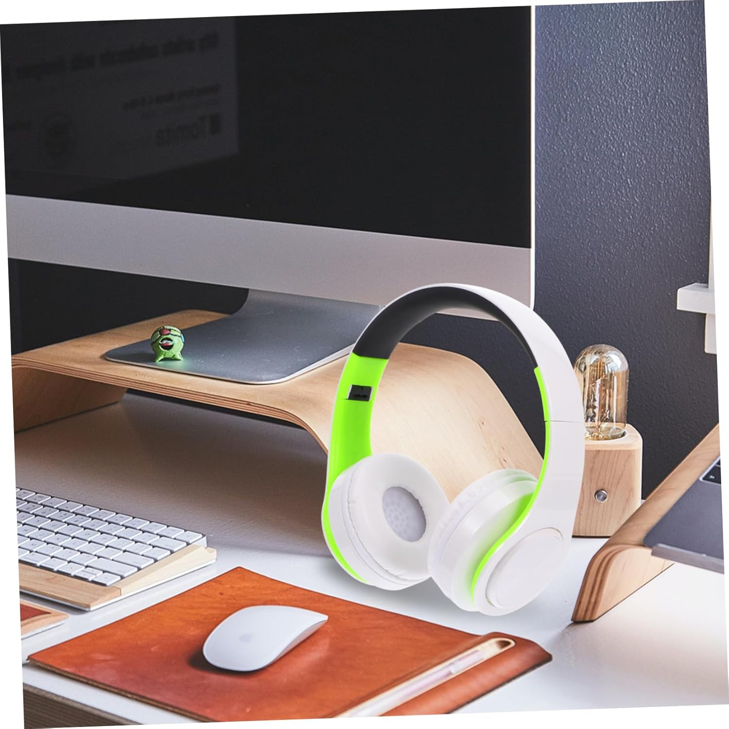 KALLORY Wireless Headset over Ear Foldable Wireless Headphones Noise Cancelling Headset for Office and Sports with Wireless Connectivity Aux in Green White image number 1