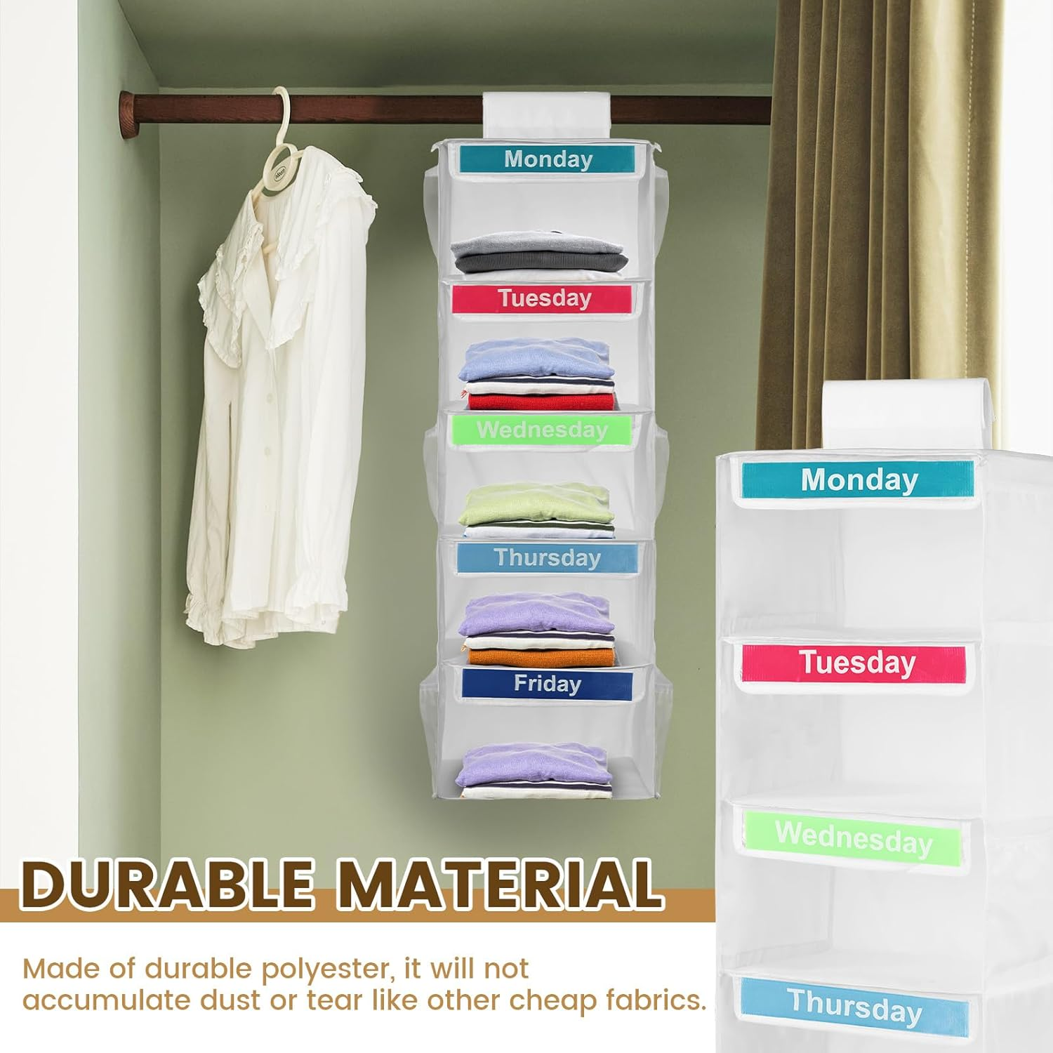 Weekly Clothes Organizer for Kids - 5 Shelf Hanging Closet Organizer, Polyester Daily Cube for Hats, T-Shirts, Bags, Towels (White) image number 2