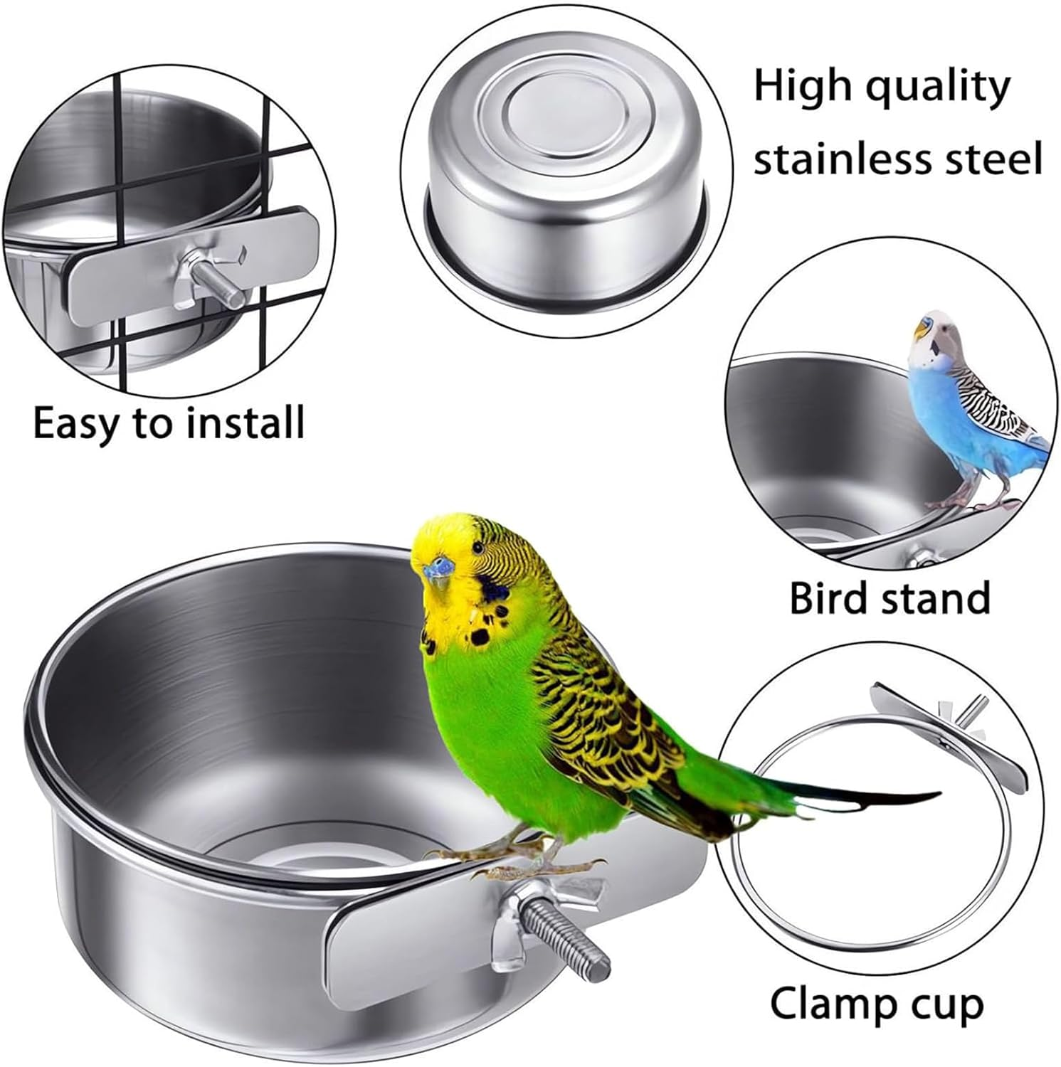 2PCS Stainless Steel Bird Feeding Dish Cups,Detachable Parrot Feeder,Parrot Cage Food Water Feeder Bowls Cage Coop with Clamp Holder,Pet Bowl for Small Animal,Cockatiel,Parakeet,Macaw,Chinchilla image number 1