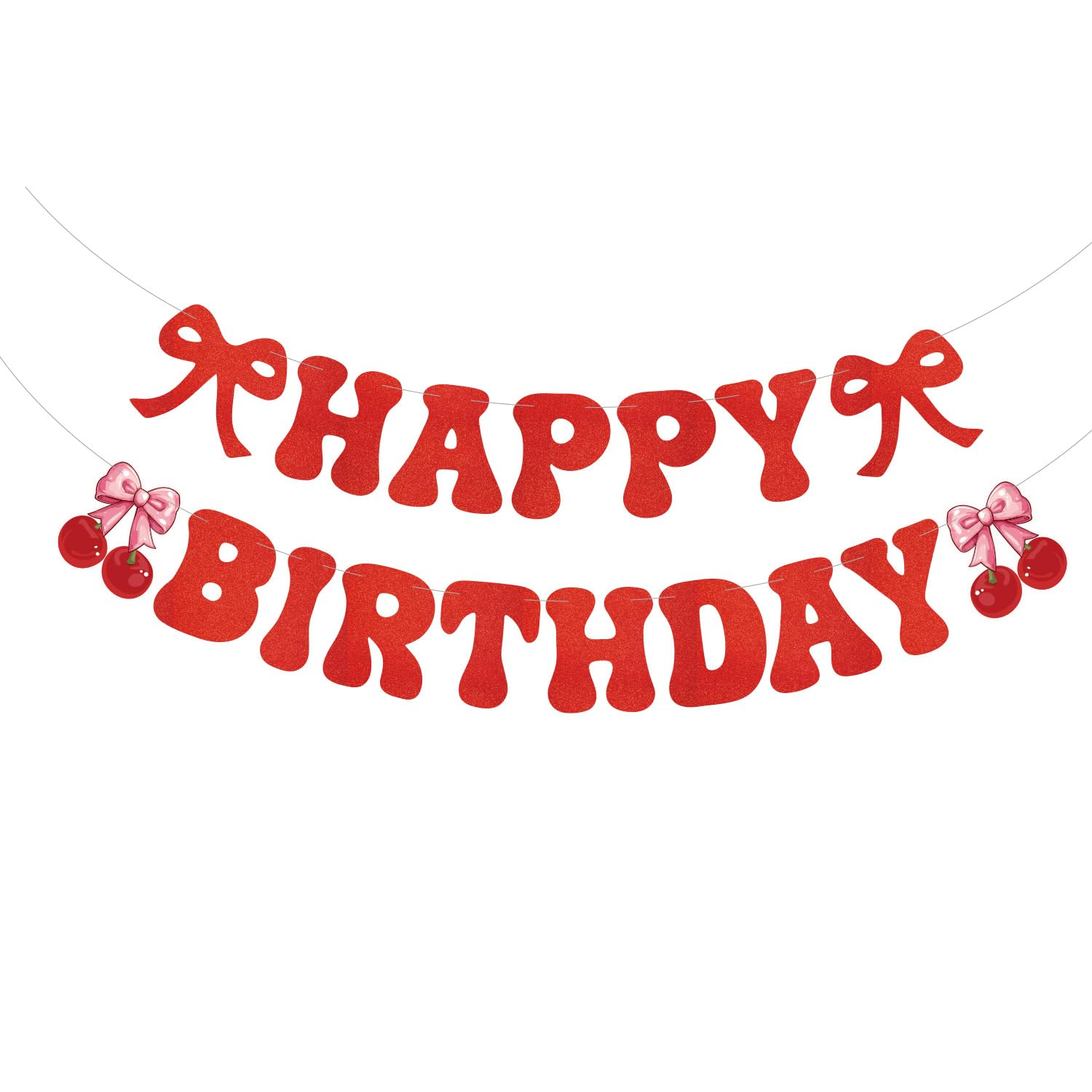 Cherry Birthday Banner - Funny Fruit Theme Happy Birthday Sign, 1St Bday Bridal Shower Banner, Birthday Party Decorations Red Glitter