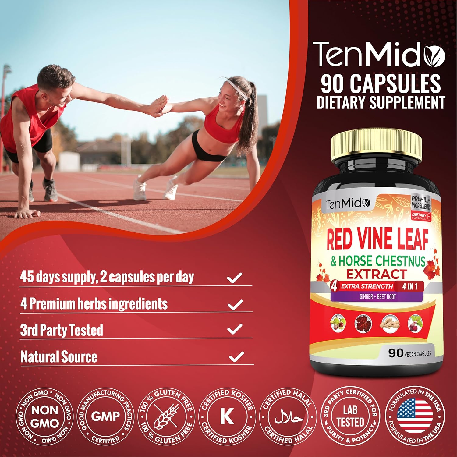 18250Mg Red Vine Leaf Extract Capsules - with Horse Chestnut, Beet Root, Ginger - Herbal Suppplement for Heart, Leg Vein & Energy - 90 Vegan Capsules for 45 Days image number 6