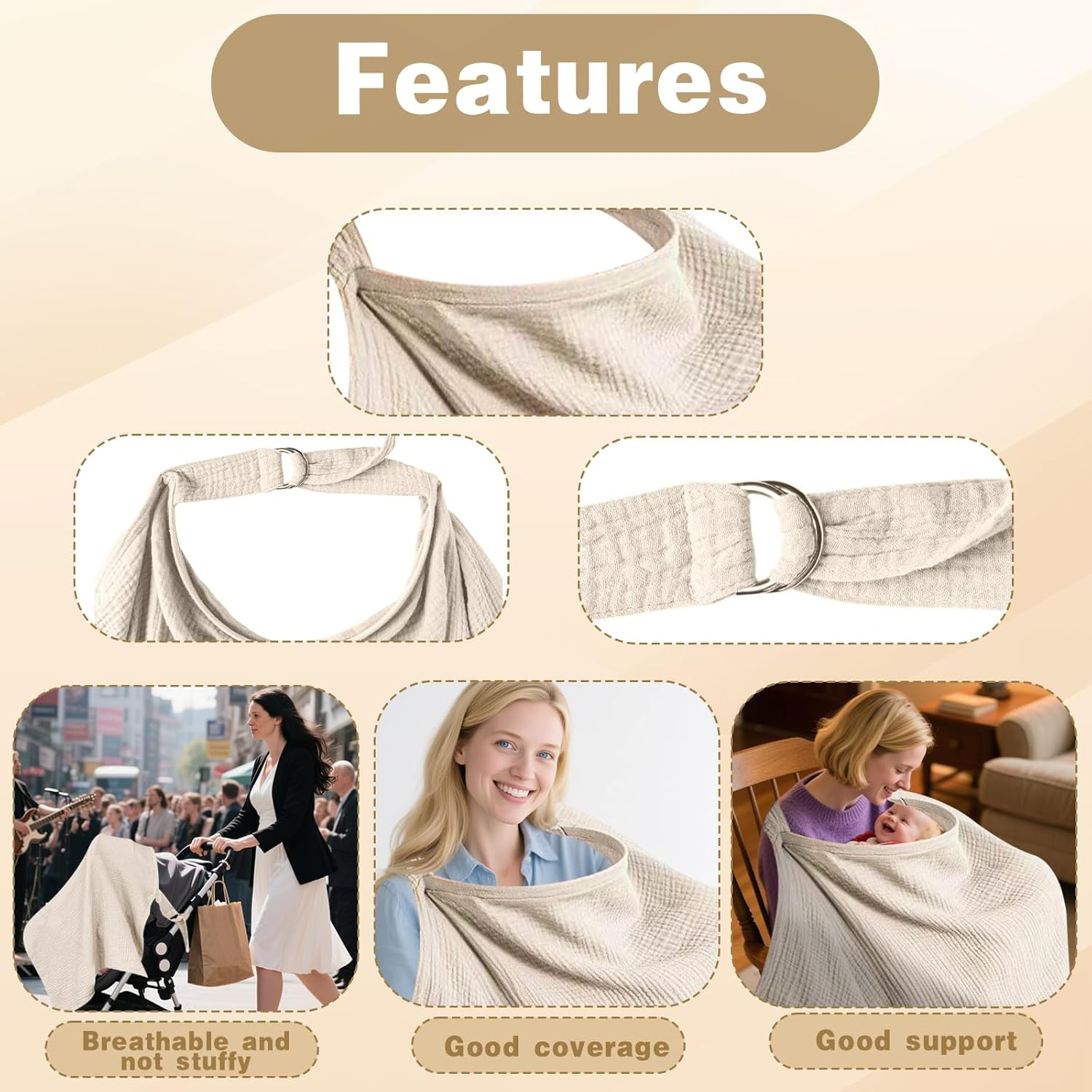 Muslin Nursing Cover Discreet Breastfeeding Cover with Arched Neckline Soft and Breathable Cotton Nursing Cover Multi-Purpose Stroller Cover for Baby Breastfeeding Suitable for Mom Nursing Apron image number 2