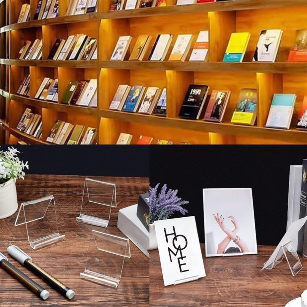 10 Pieces Transparent Acrylic Book Stand for Display - Clear N/C Shape Flat Back Plexiglass Brochure Easel for Books, Notebooks (75*55Mm)