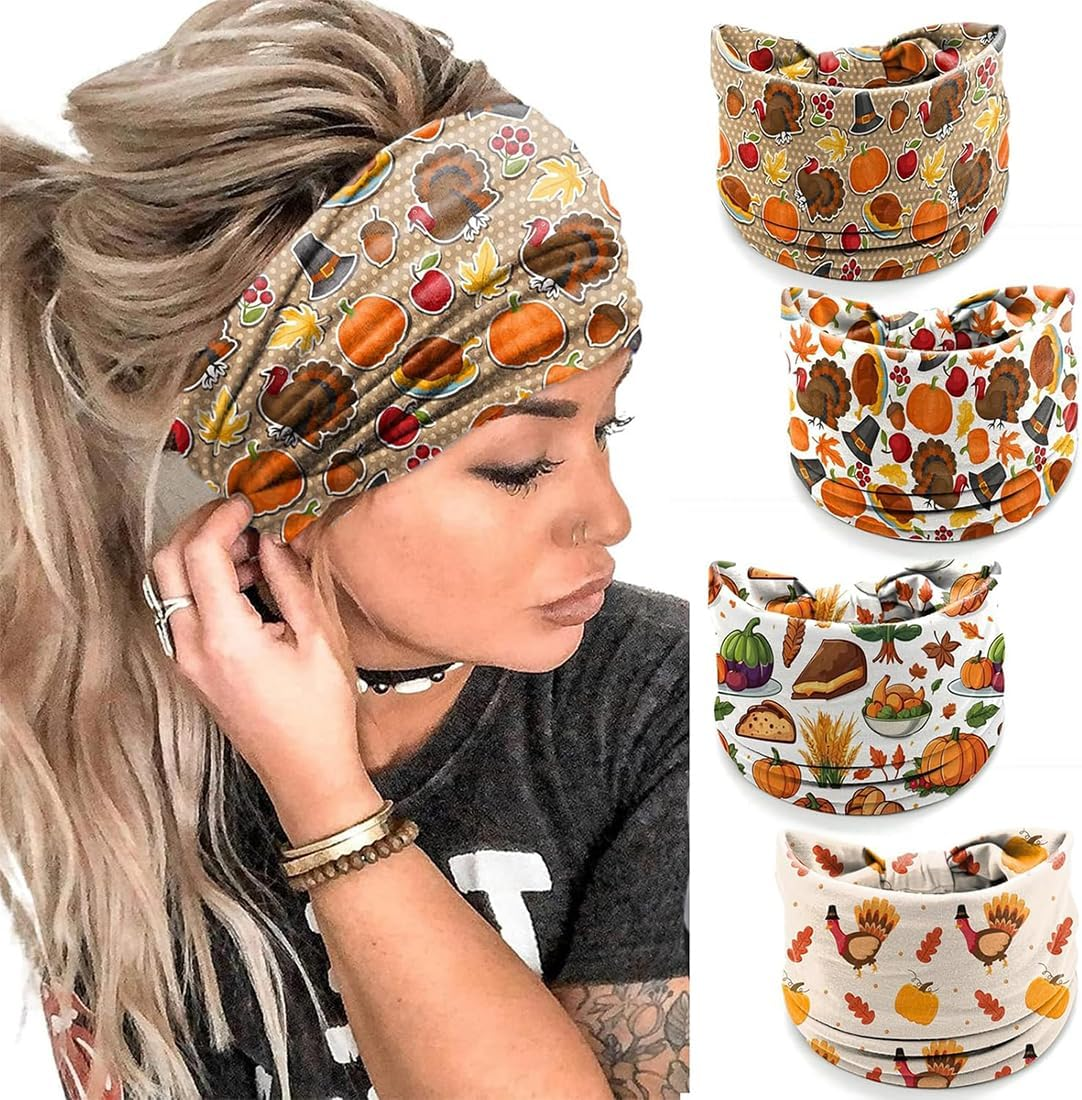 ZORVYN Pack of 4 Women'S Wide Boho Headscarf Headband for Women Hair Bands Made of Cotton Elastic Headband for Sports and Everyday Use image number 1