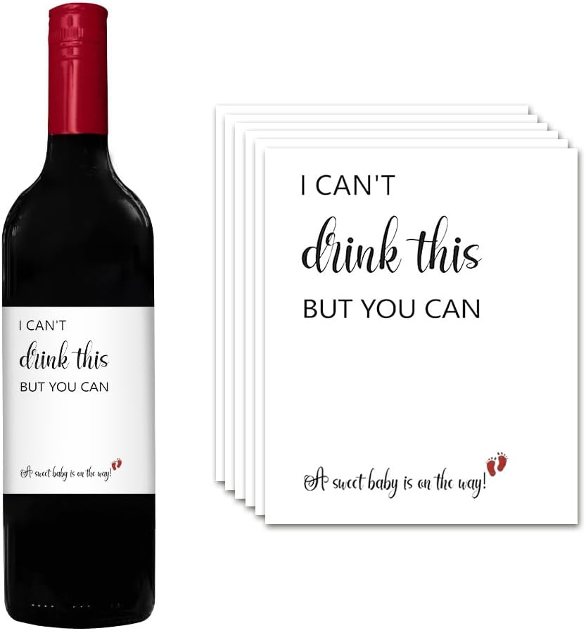 I Can'T Drink This but You Can Pregnancy Announcement Wine Labels Funny Baby Announcement Gifts for Family New Dad Grandparetns Friends Wine Bottle Stickers (Set of 6)