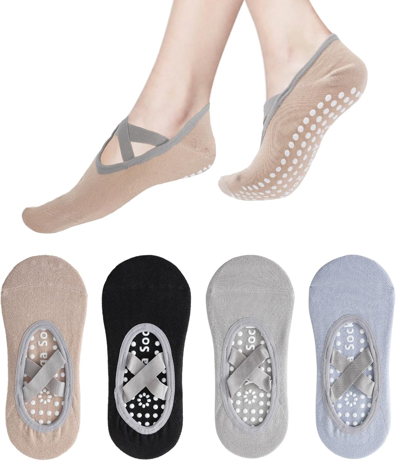 Fiohiros 4 Pairs Pilates Socks with Grips for Women,Yoga Socks with Multiple Colors Non Slip Socks for Yoga, Pilates, Ballet, Daily Wear