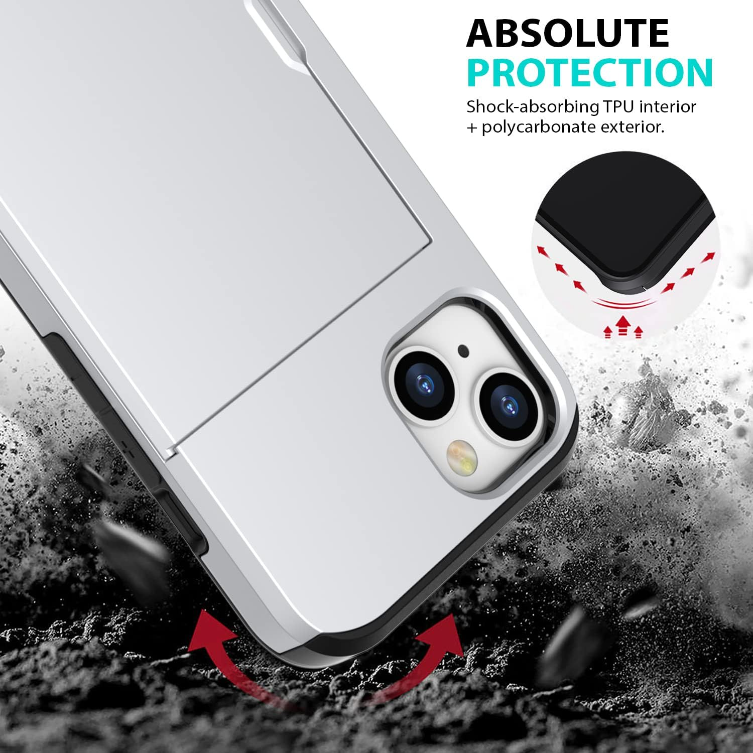 ZUSLAB Iphone 14 Case Slide Armor Card Holder Protective Shockproof Hard Back Cover for Apple - Silver - Green image number 3