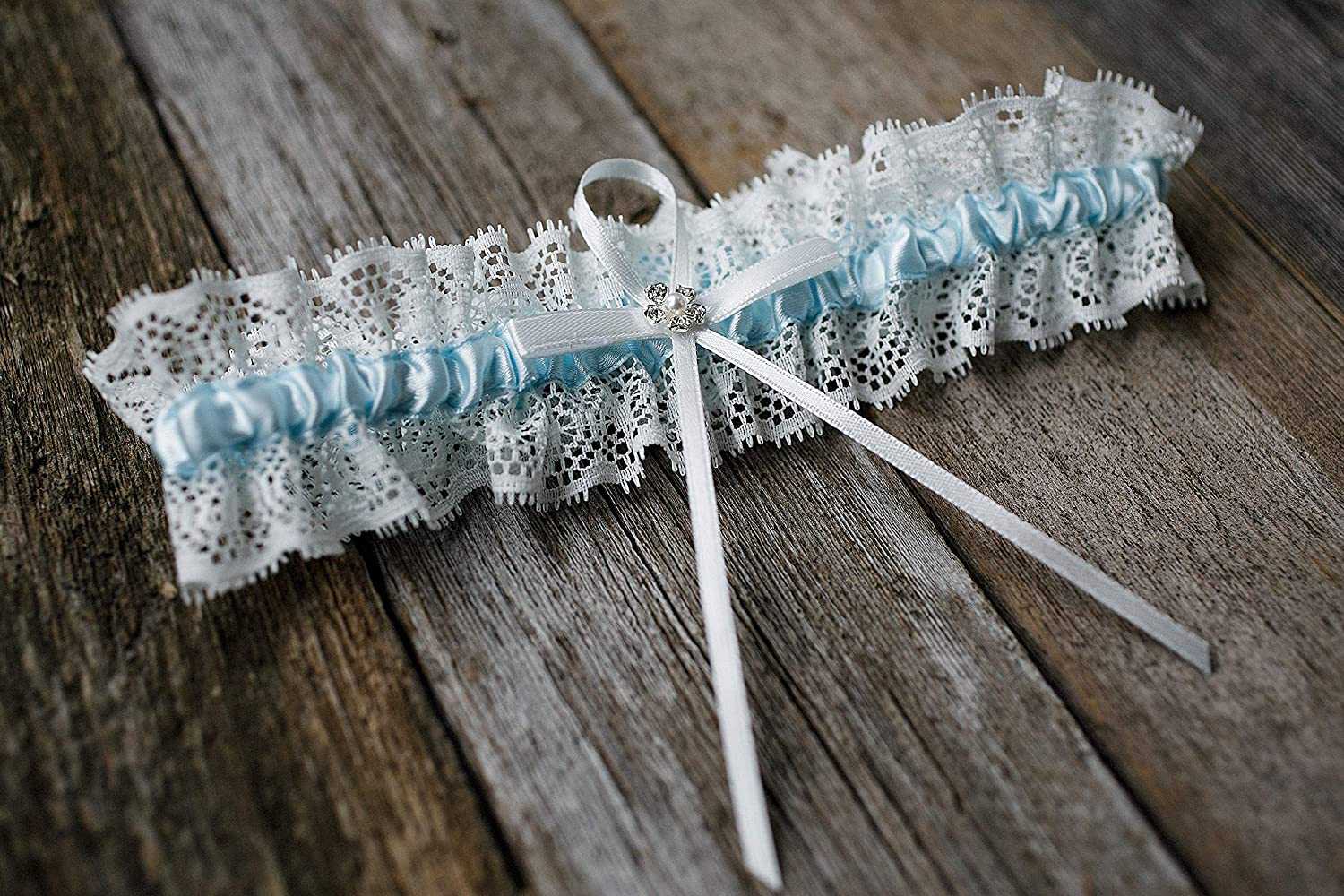 LR Bridal Blue Lace Wedding Bridal Garter with Rhinestone Satin Bow for Brides