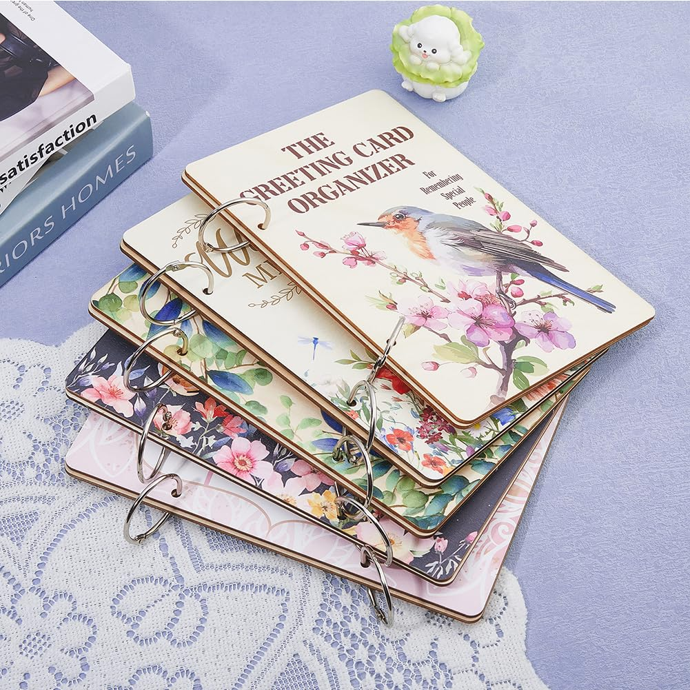 SUPERDANT Bohemian Rainbow Greeting Card Organizer Set Baby&lsquo;S First Year Wooden Wonderful Memories Card Keeper Binder Suit Holder Book with 2-Ring 20 Inner Pocket and Punch for Baby Shower 24X16Cm image number 2