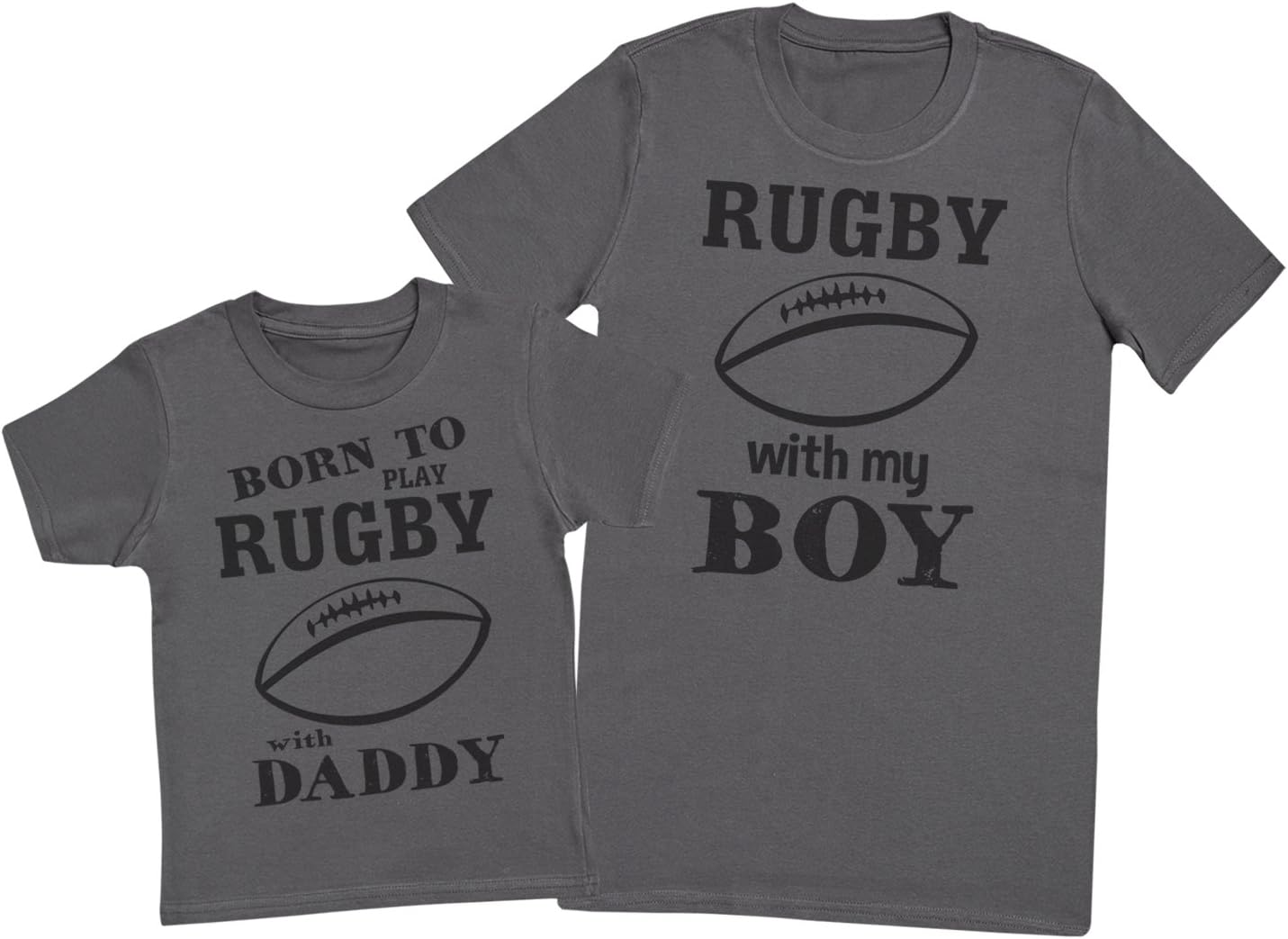 Zarlivia Clothing Born to Play Rugby with Daddy - Matching Father Kids Gift Set - Mens T Shirt & Kid'S T Shirt - Charcoal Grey - Medium & 11-12 Years