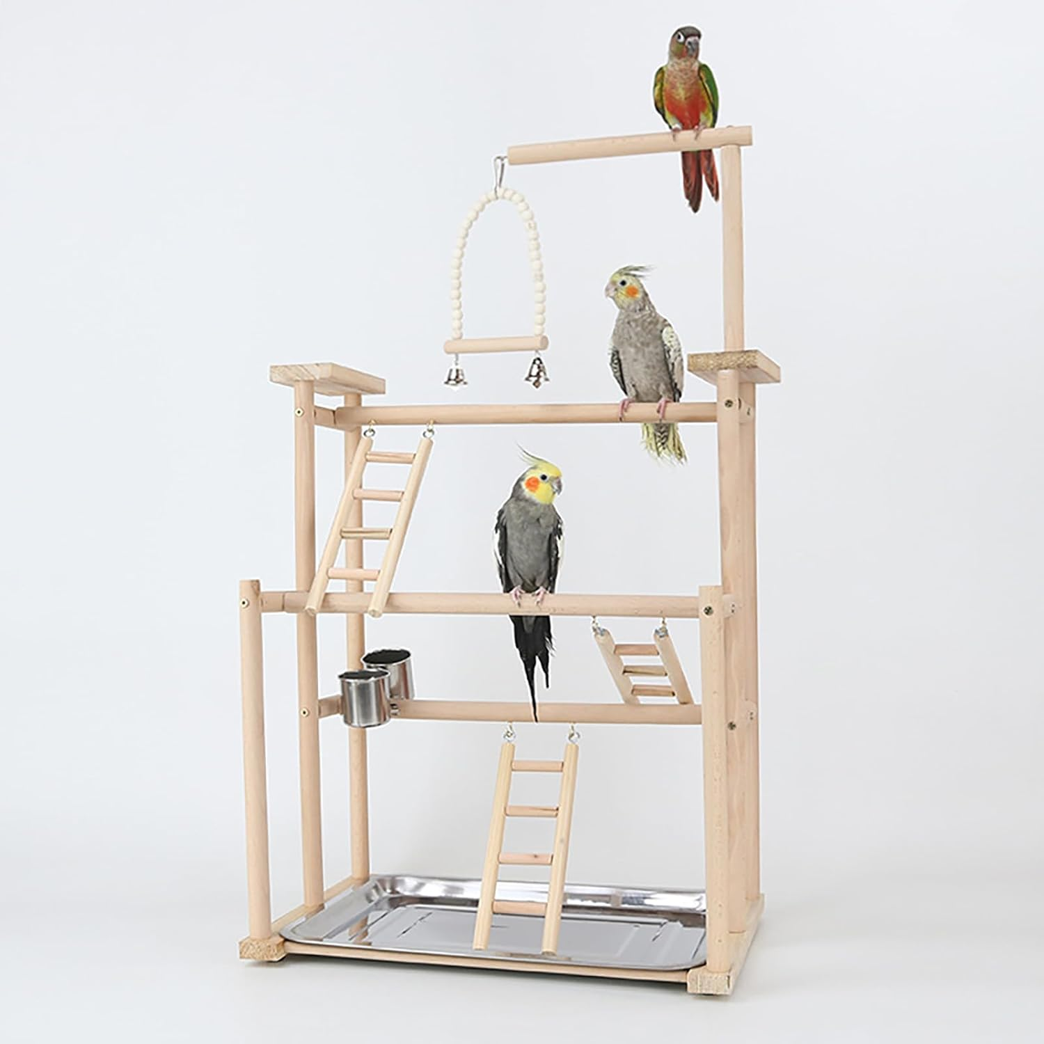 Bird Playground, Bird Perch, Parrot Stand, Wood Perch Gym Playpen Ladder with Feeder Cups Toys Exercise Play(36,5 * 23 * 57CM)
