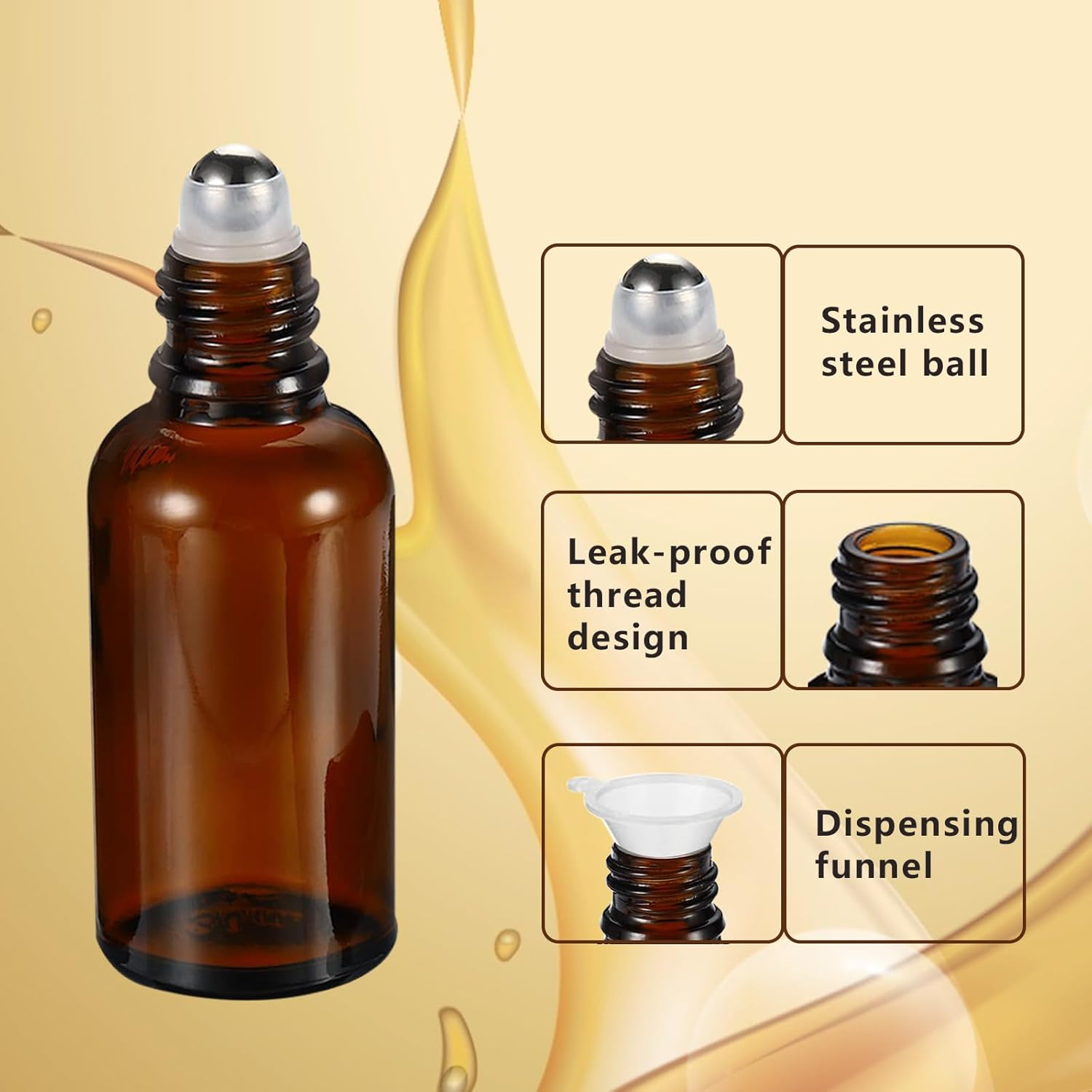 HEYLEAYAR 100ML Roller Bottles for Essential Oil, 3 Pack Empty Amber Glass Roller Bottle for Perfume Oil, Roll on Bottles with Stainless Steel Roller Balls, Opener, Funnel and Dropper image number 5