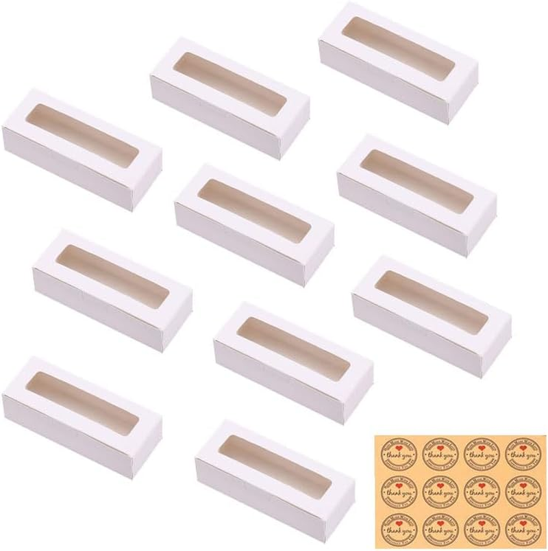 Kraft Bakery Boxes - 10 Small Pastry Treat Boxes with Window, Gift Packaging for Cookies, Pastries, Mini Cakes, Donut, Pie Slice, Stickers Included (Brown)