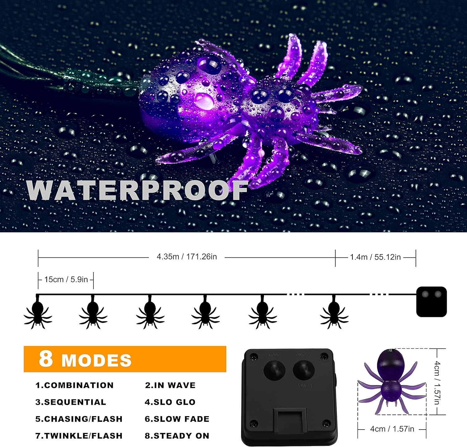 Oopswow YOUNGAR Halloween Decor Spider String Lights, Solar String Light,2Pack 20Ft 30 LED Outdoor Decorative Lights for Patio, Garden, Gate, Yard, Halloween Christmas Decoration (2Pack,Spider) image number 2