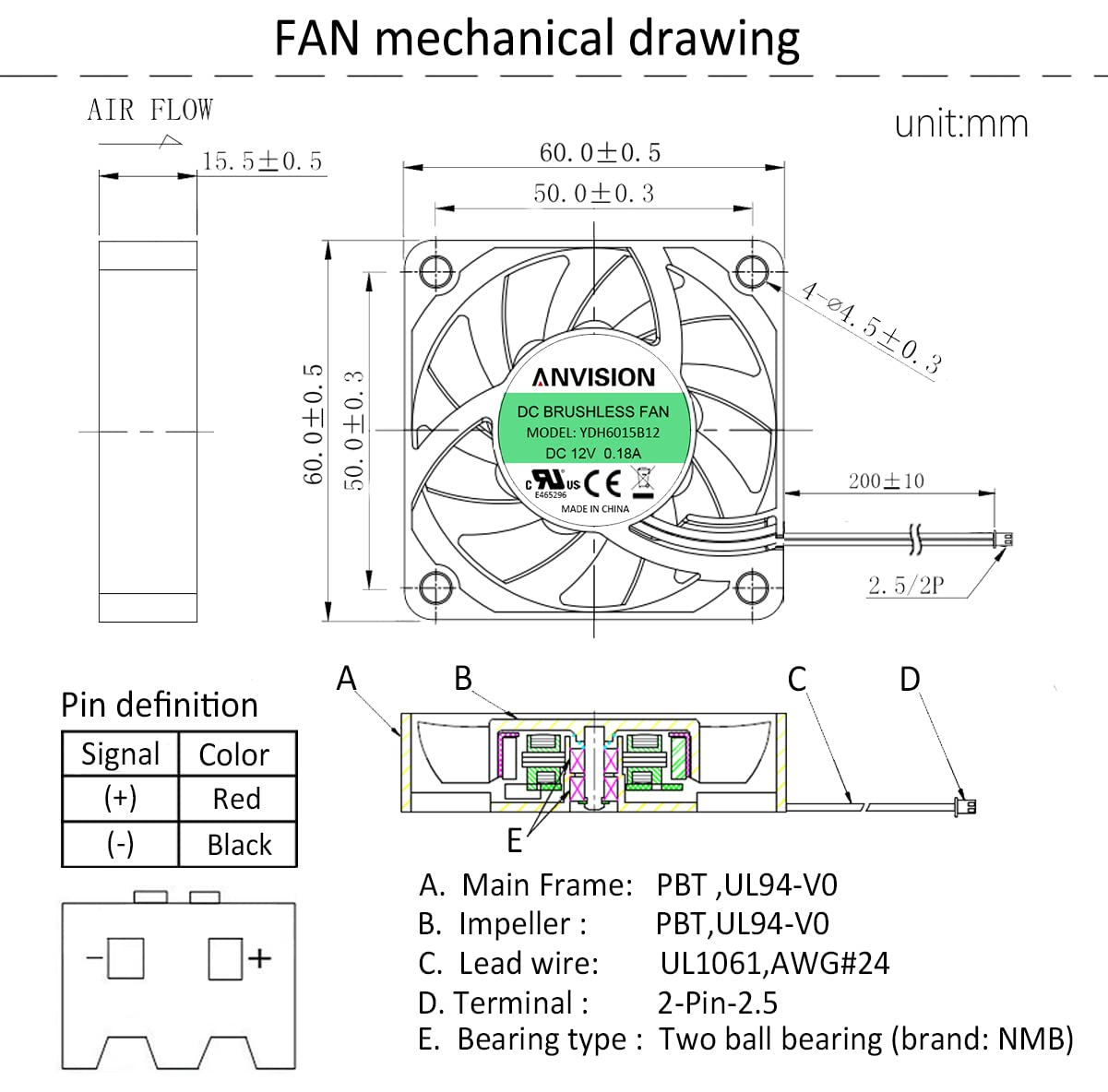 ANVISION 60Mm X 15Mm DC 12V Brushless Cooling Fan, Dual Ball Bearing, 2-Pin image number 3