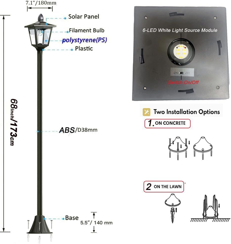 68&ldquo; Solar Garden Post Light with Motion Sensor, Waterproof LED Outdoor Black Lamp for Yard, Pathway, Driveway, Front or Back Door Area Lighting (1 Pack)